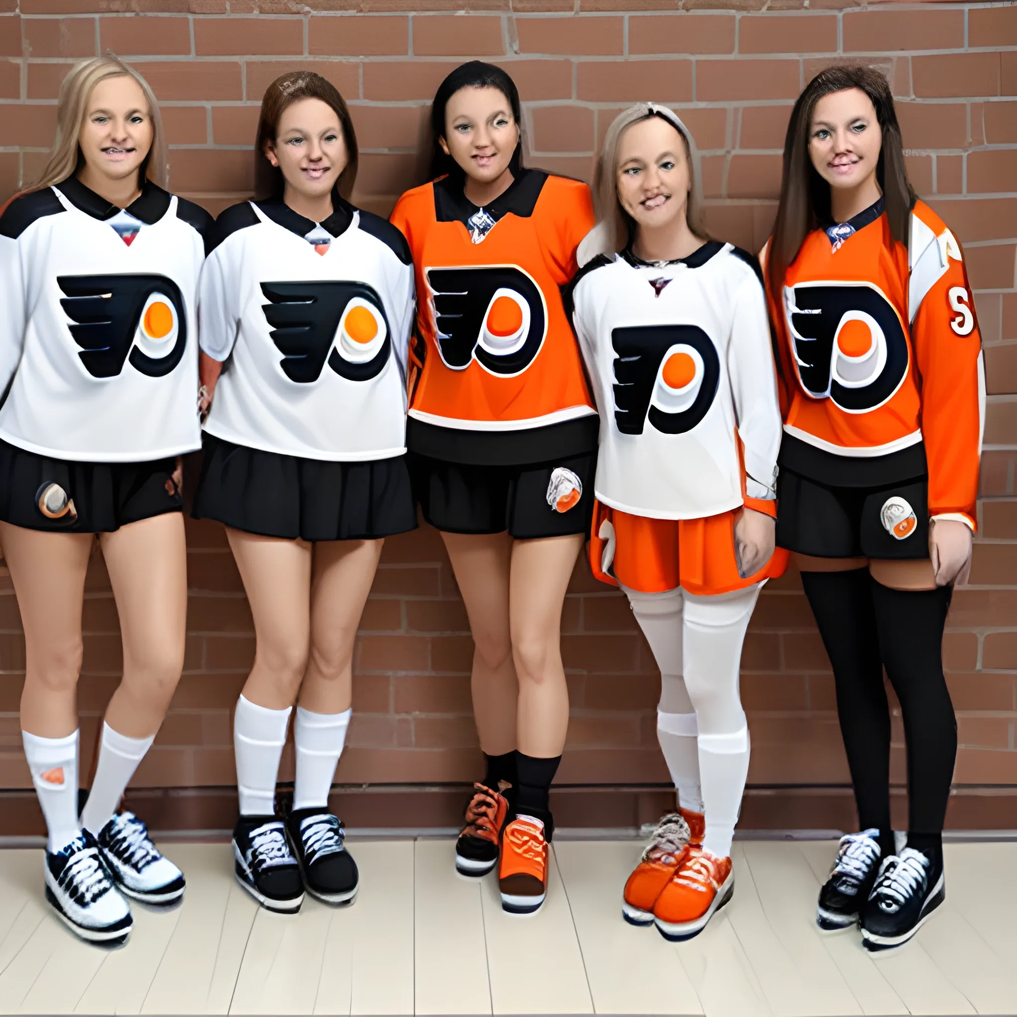 five women wearing philadelphia flyers jerseys with tan nylon stocking shoes