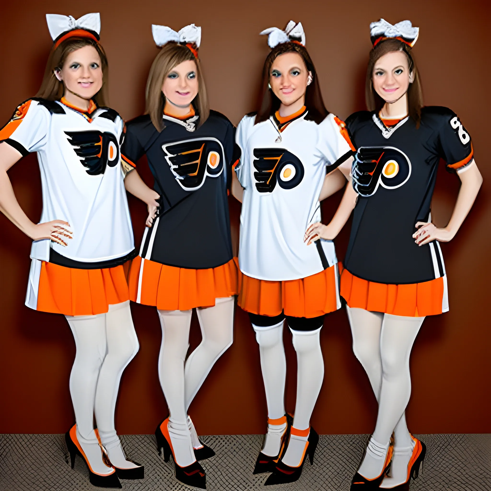 five women wearing philadelphia flyers jerseys with tan nylon stocking heels