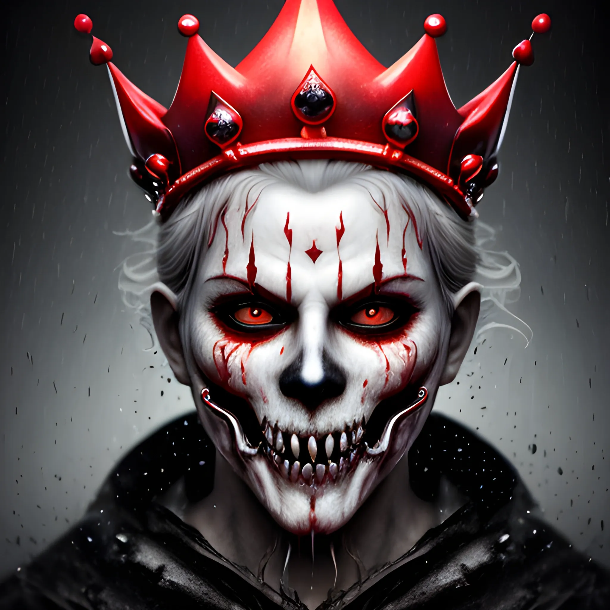 photorealistic image of the king of ghosts with a red crown, full body, ominous smile, dimmed lighting, red painted wet hair, wet makeup, evil grim, bokeh lighting, sharp teeth, face covered with a mask, mouth exposed