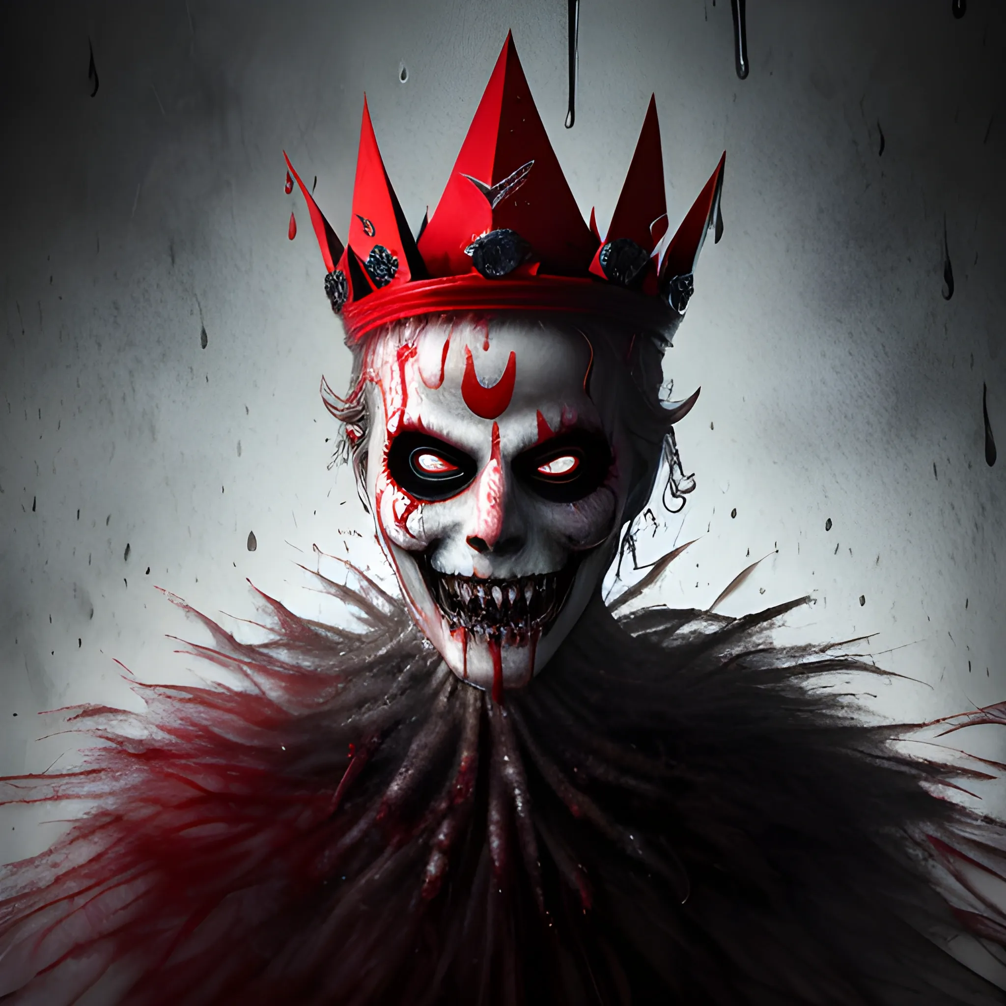 photorealistic image of the king of ghosts with a red crown, full body, ominous smile, dimmed lighting, red painted wet hair, wet makeup, evil grim, bokeh lighting, sharp teeth, face covered with a mask
