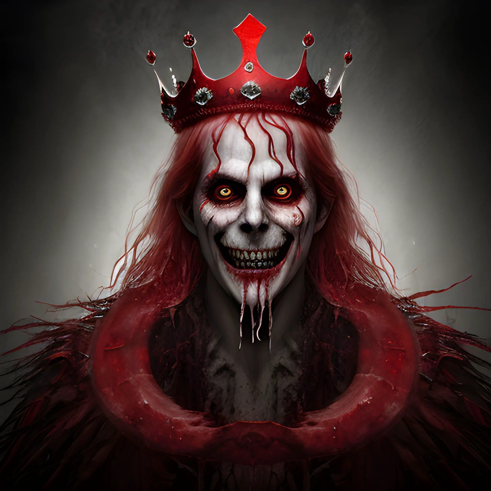 photorealistic image of the king of ghosts with a red crown, full body, ominous smile, dimmed lighting, red painted wet hair, evil grim, bokeh lighting, sharp teeth, face covered
