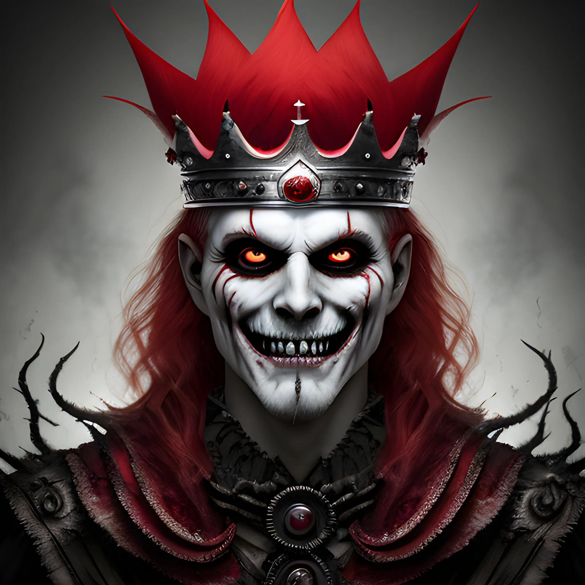 photorealistic image of the king of ghosts with a red crown, full body, ominous smile, dimmed lighting, red painted hair, evil grim, bokeh lighting, sharp teeth, face masked
