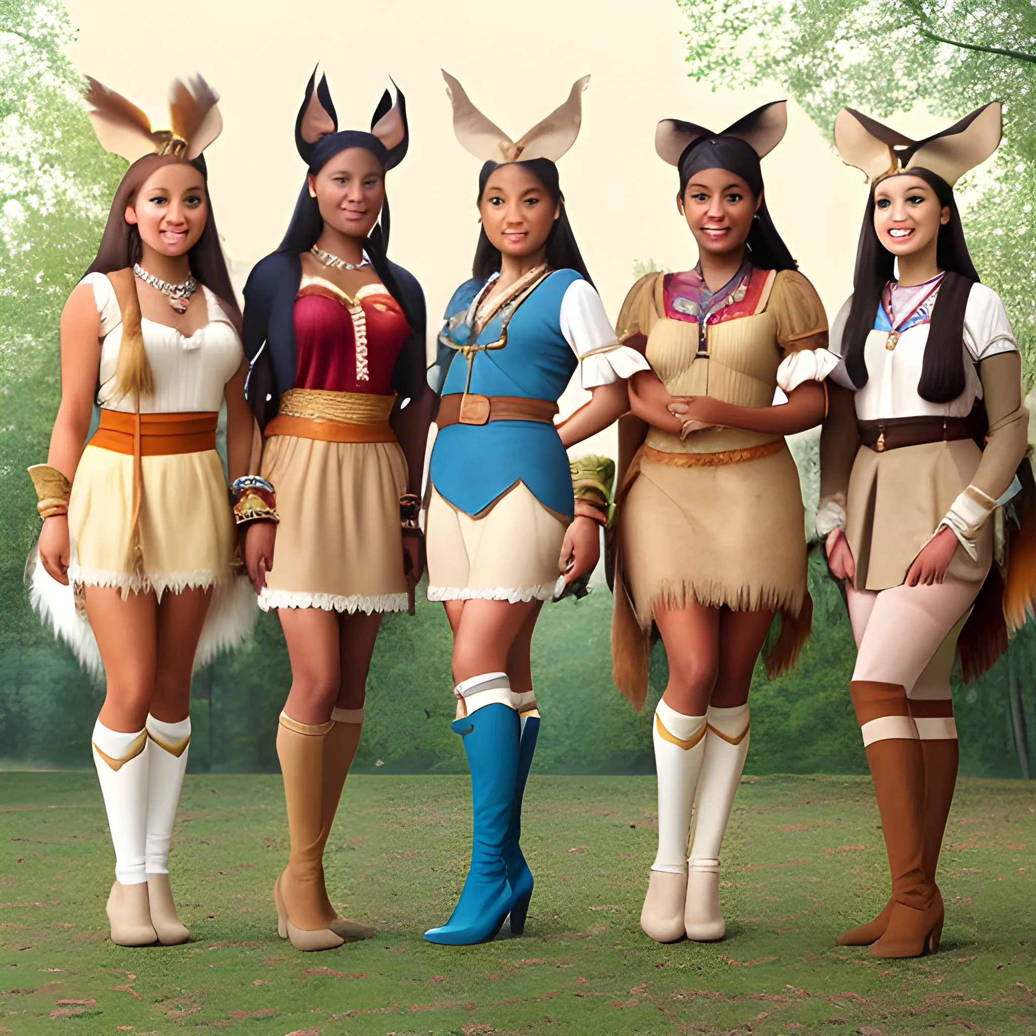 five women wearing pocahontas costume with beige nylons over heels