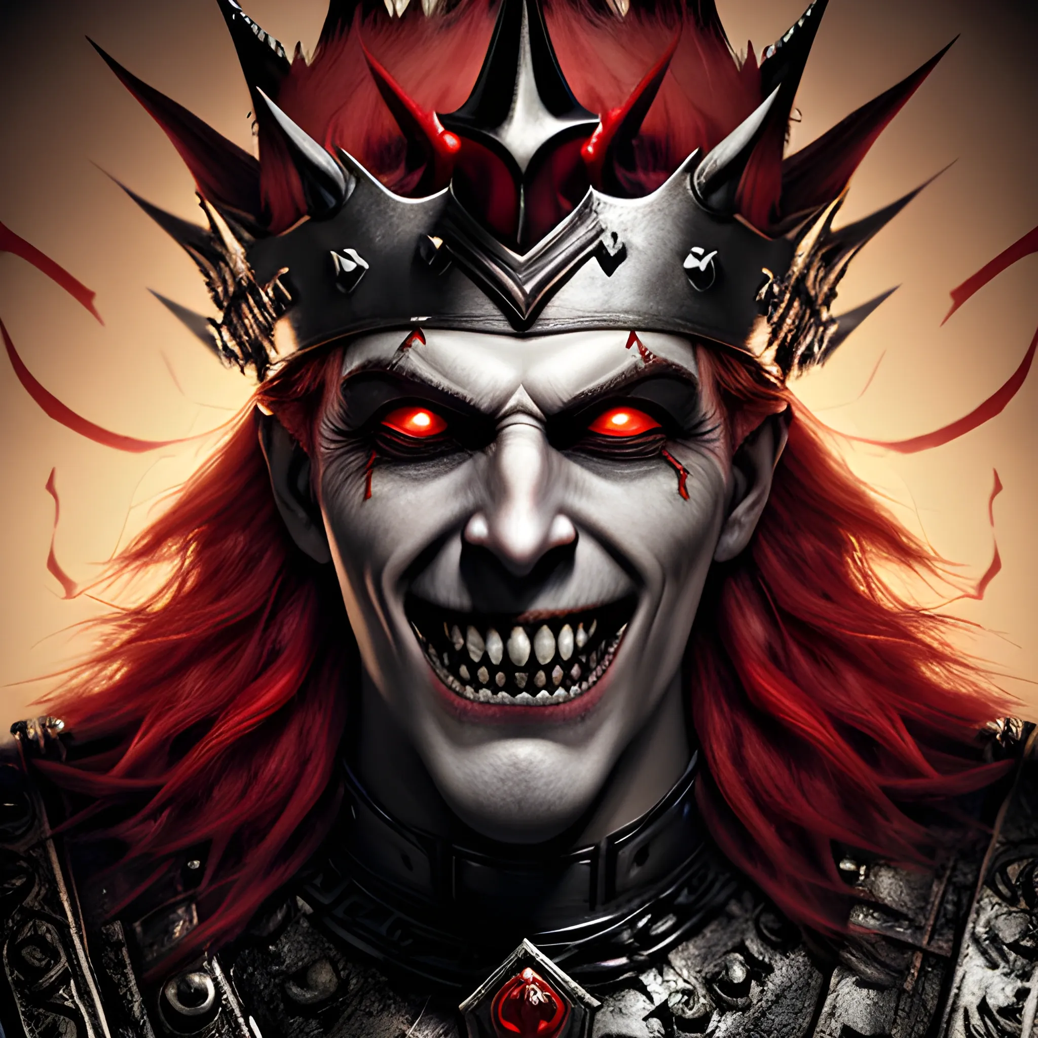 photorealistic image of the evil king with a red crown  covering its eyes, full body, ominous smile, dimmed lighting, red painted hair, evil grim, bokeh lighting, sharp teeth
