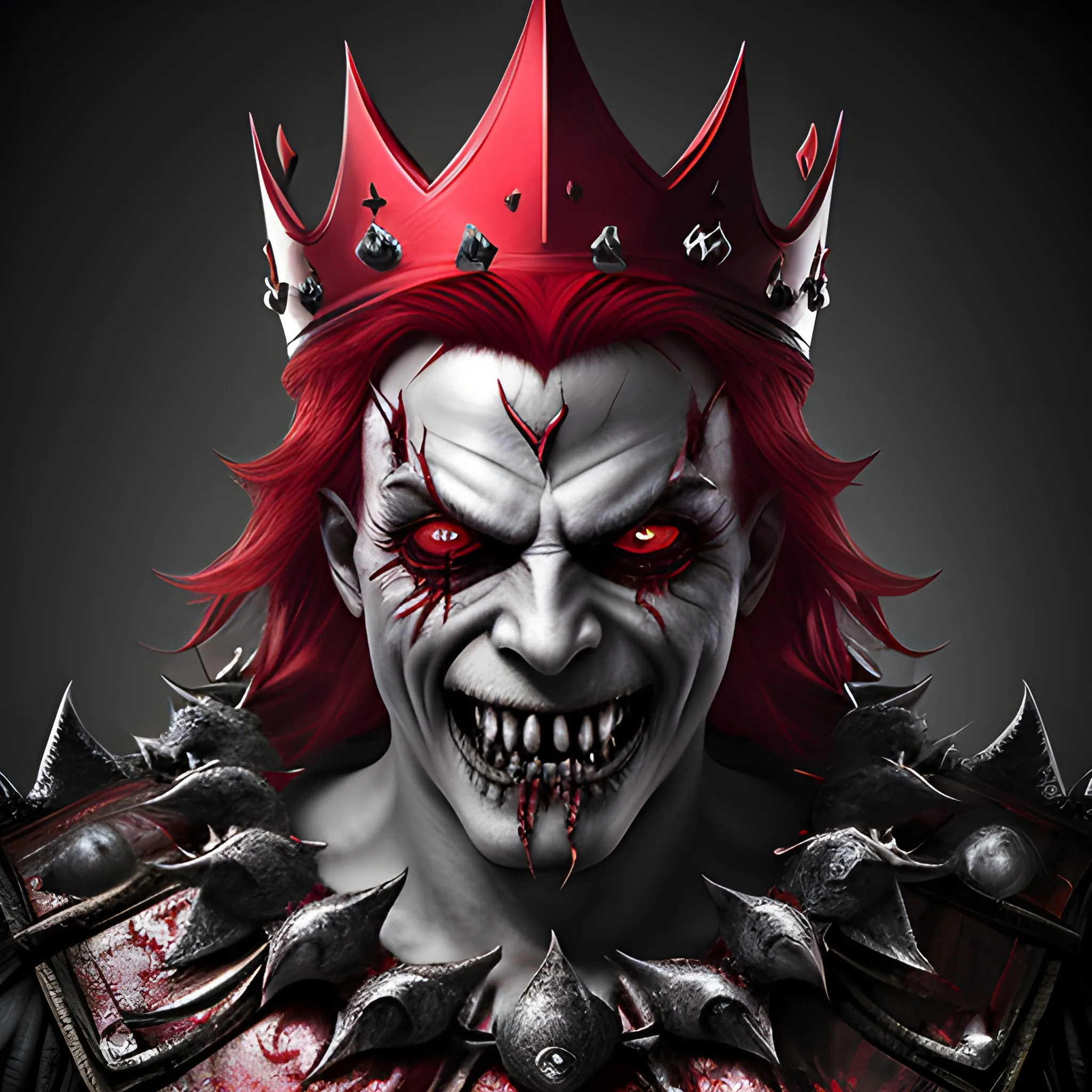 photorealistic image of the evil king with a red crown  covering its eyes, full body, ominous smile, dimmed lighting, red painted hair, evil grim, bokeh lighting, sharp teeth, eyes covered
