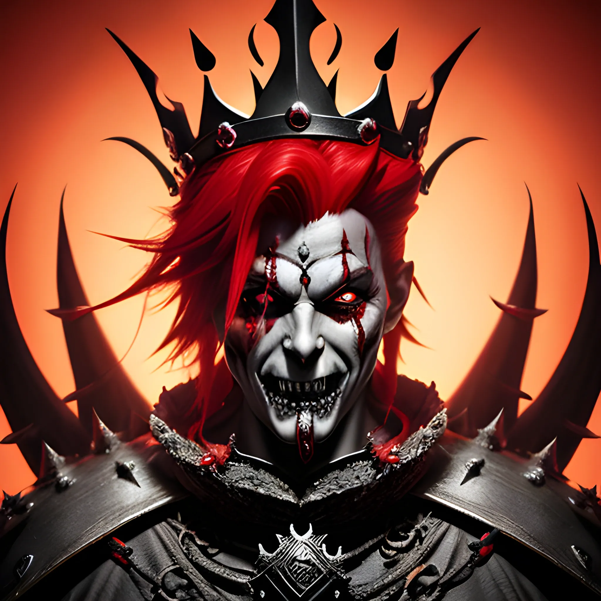 fantasy  image of the evil king with a red crown  covering its eyes, full body, ominous smile, dimmed lighting, red painted hair, evil grim, bokeh lighting, sharp teeth, eyes covered
