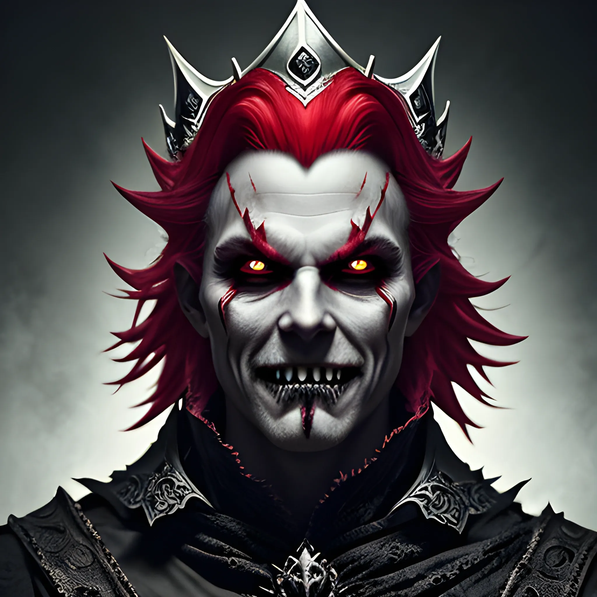 fantasy image of the evil king with a crown covering its eyes, half body, ominous smile, dimmed lighting, red painted hair, evil grim, bokeh lighting, sharp teeth, eyes covered
