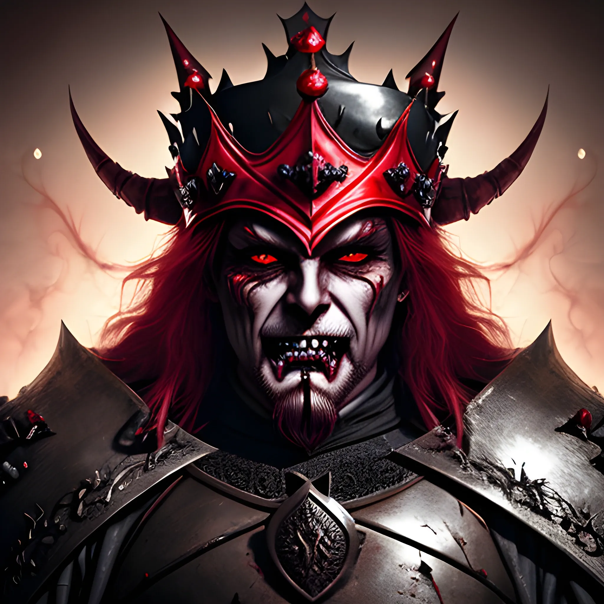 fantasy image of the evil king with a crown, a helmet covering its eyes, half body, ominous smile, dimmed lighting, red painted hair, evil grim, bokeh lighting, sharp teeth, eyes covered
