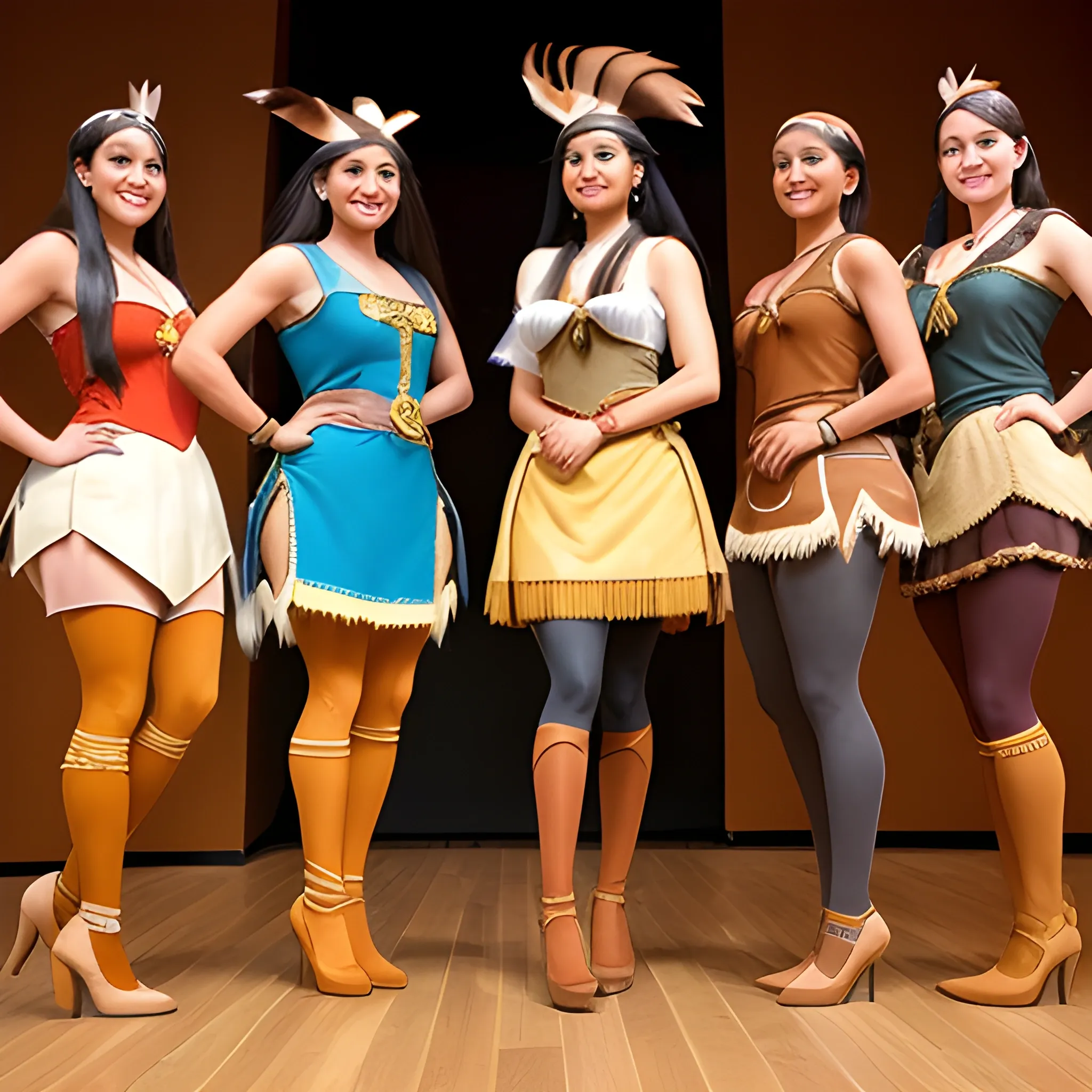 six women wearing pocahontas costume with tan tights over the high heels