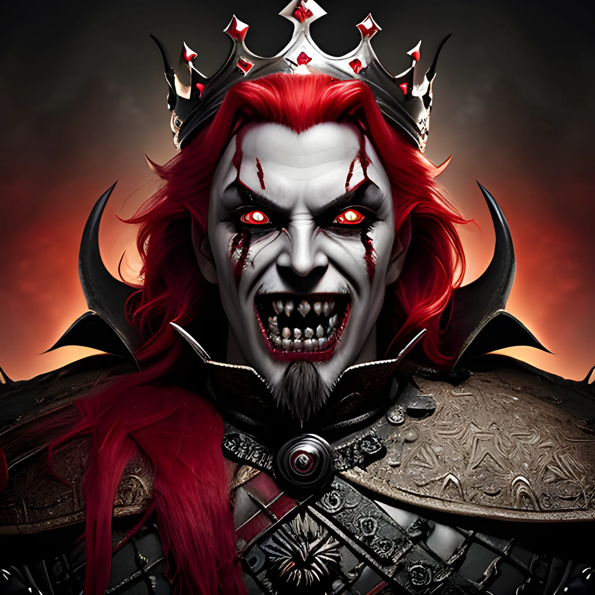 fantasy image of the evil king with a crown, no eyes, half body, ominous smile, dimmed lighting, red painted hair, evil grim, bokeh lighting, sharp teeth, 
