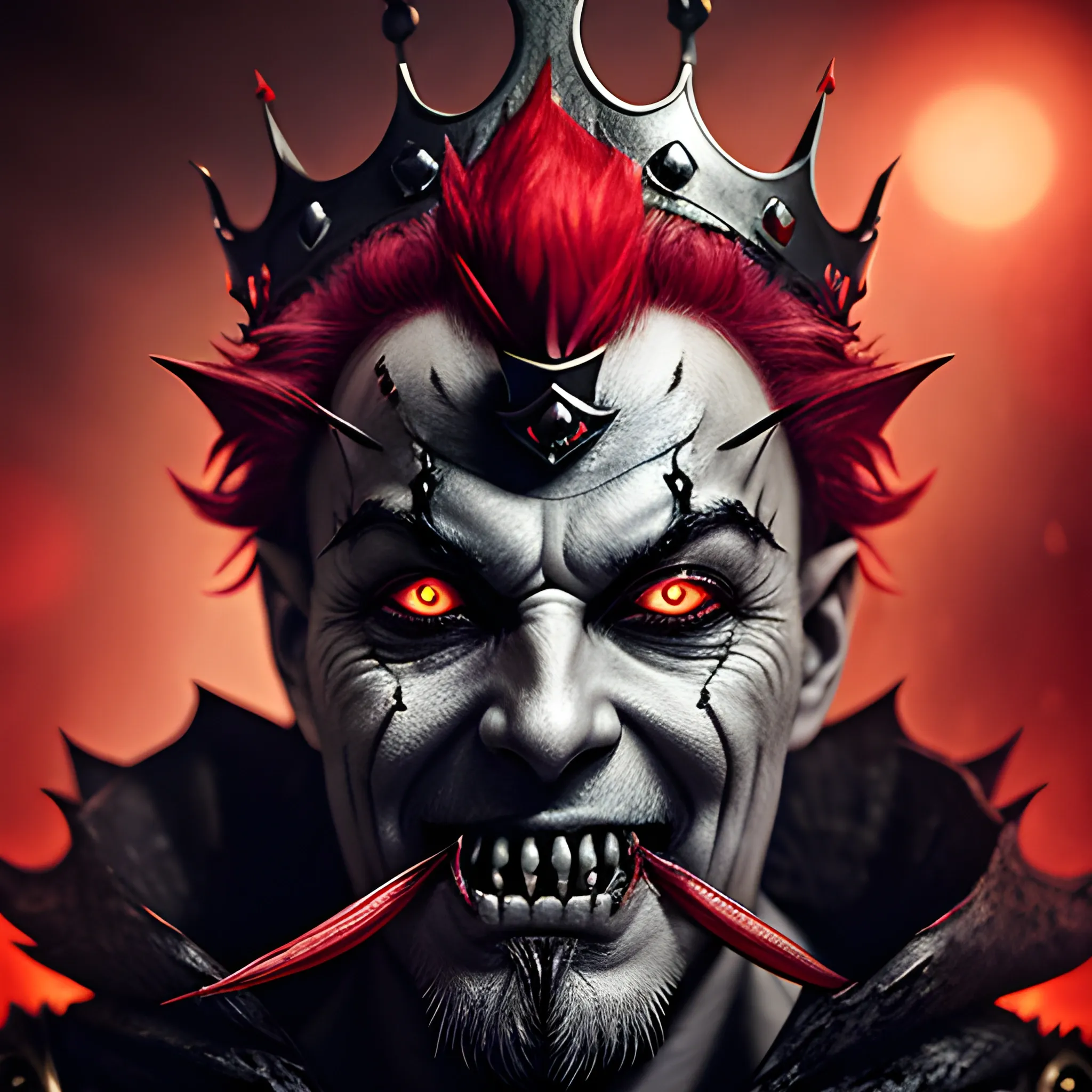 fantasy image of the evil king with a crown, with no eyes, half body, ominous smile, dimmed lighting, red painted hair, evil grim, bokeh lighting, sharp teeth, 
