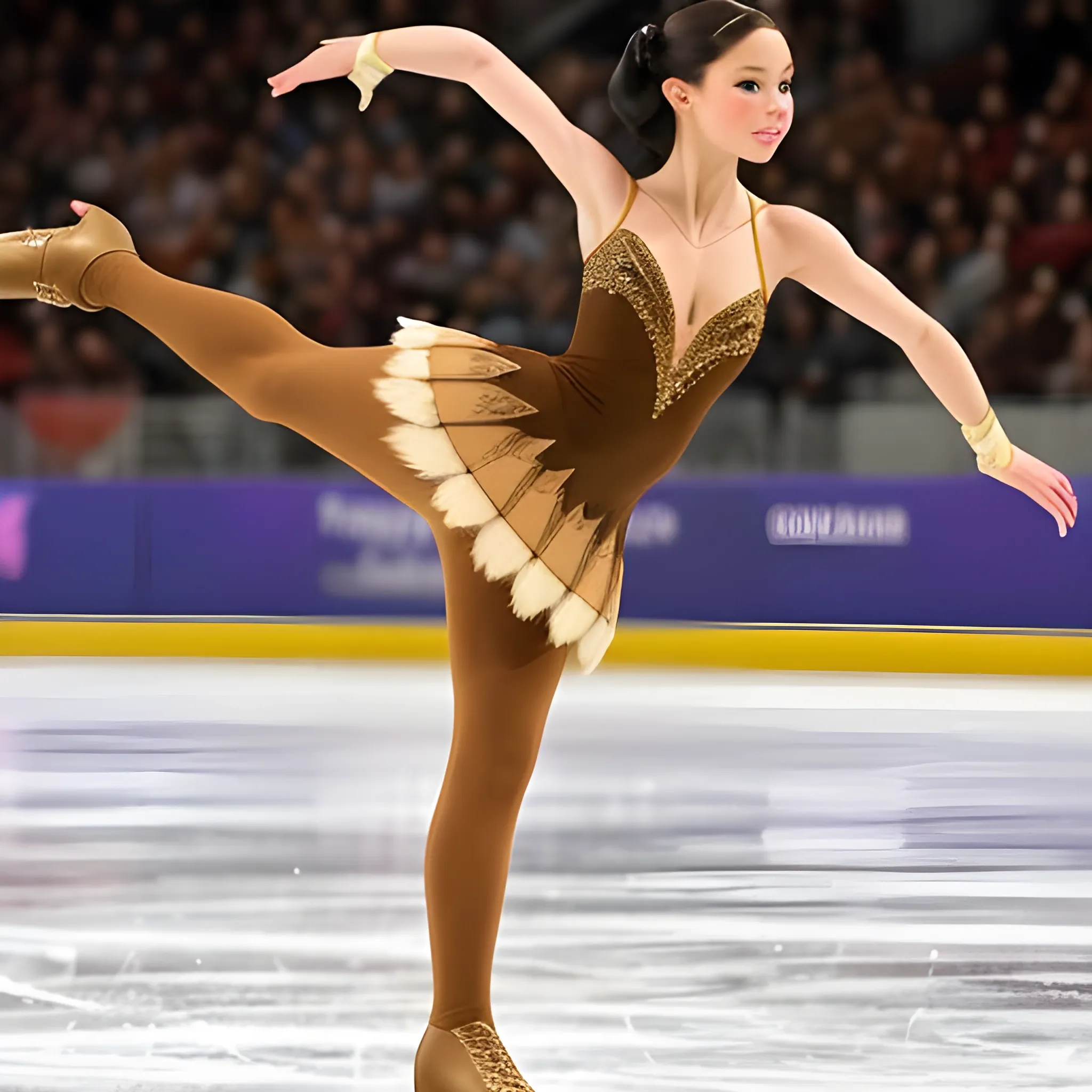 figure skater wearing pocahontas costume with tan tights over the high heels