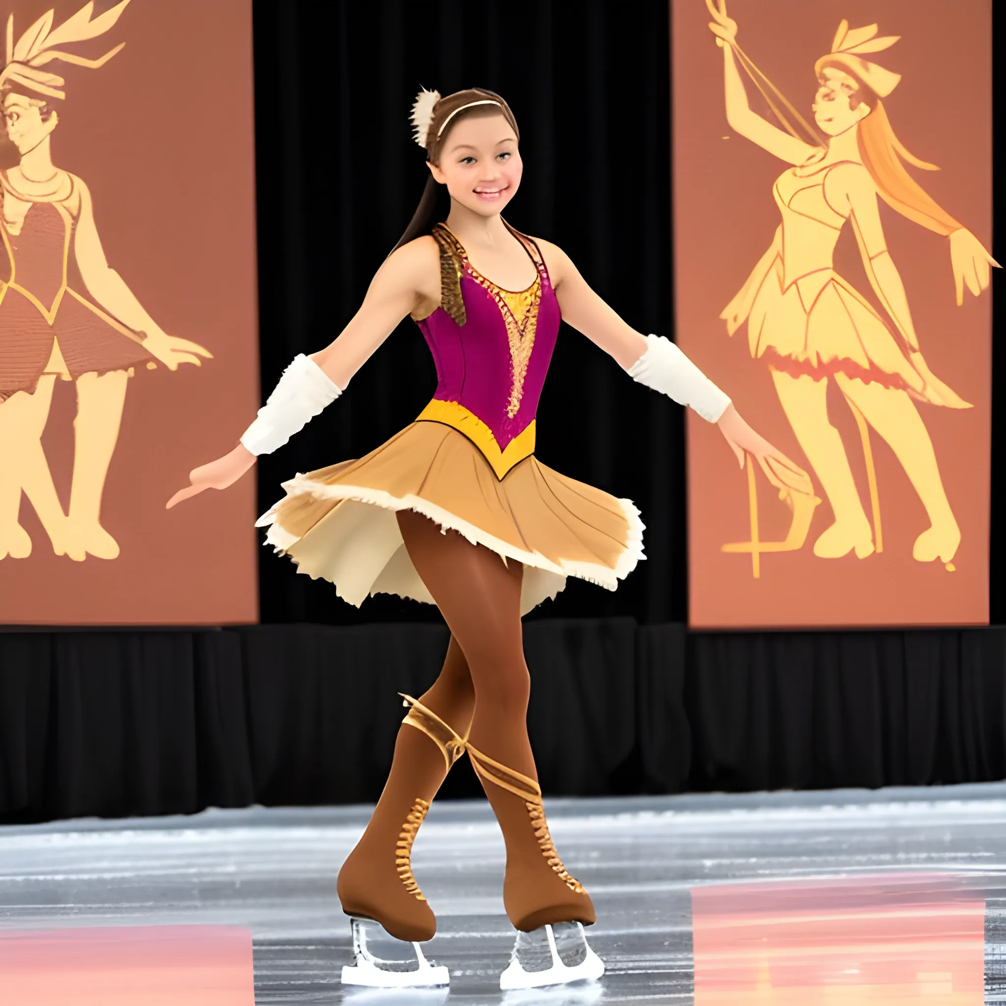 figure skater wearing pocahontas costume with tan tights over the high heels