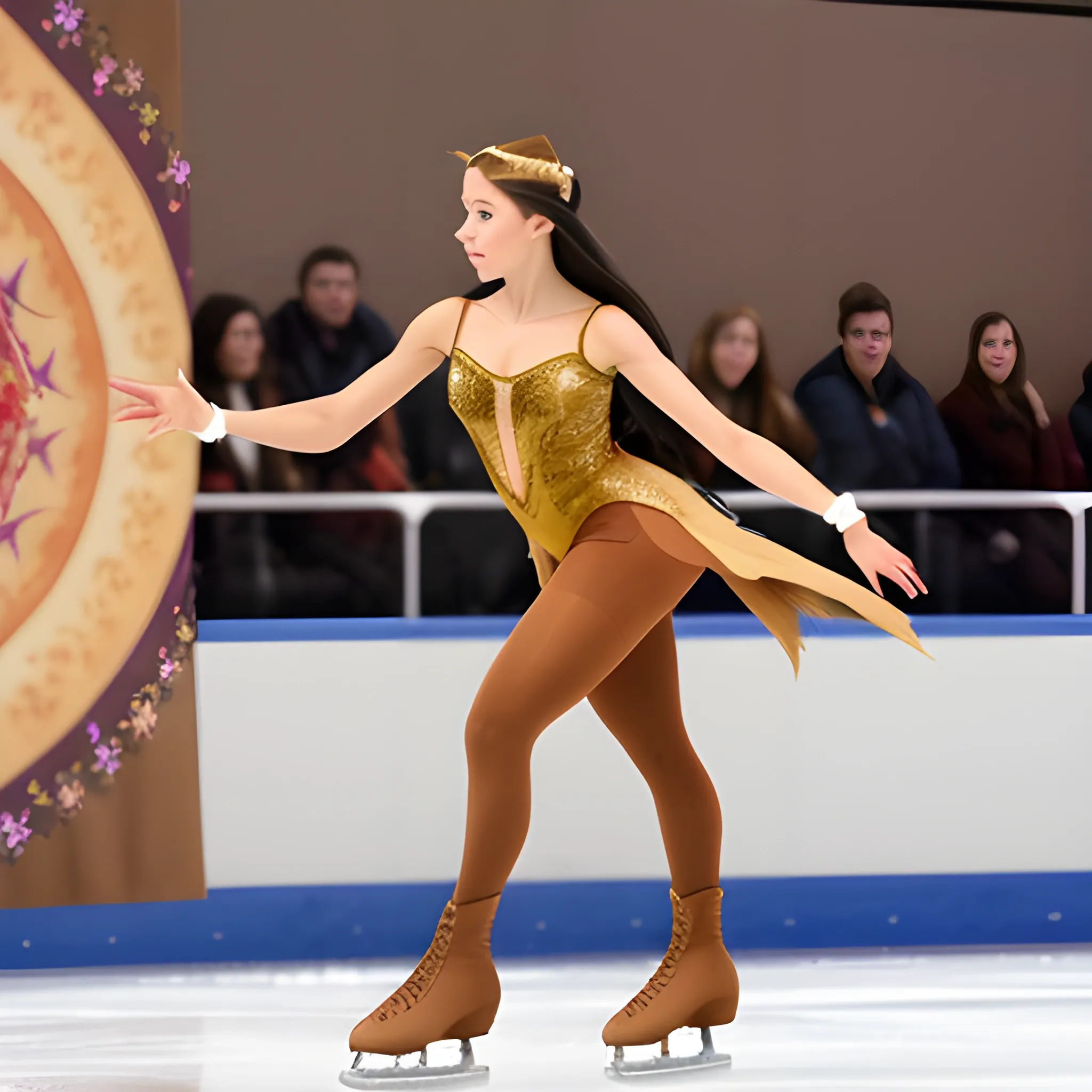 figure skater wearing pocahontas costume with tan tights over the high heels