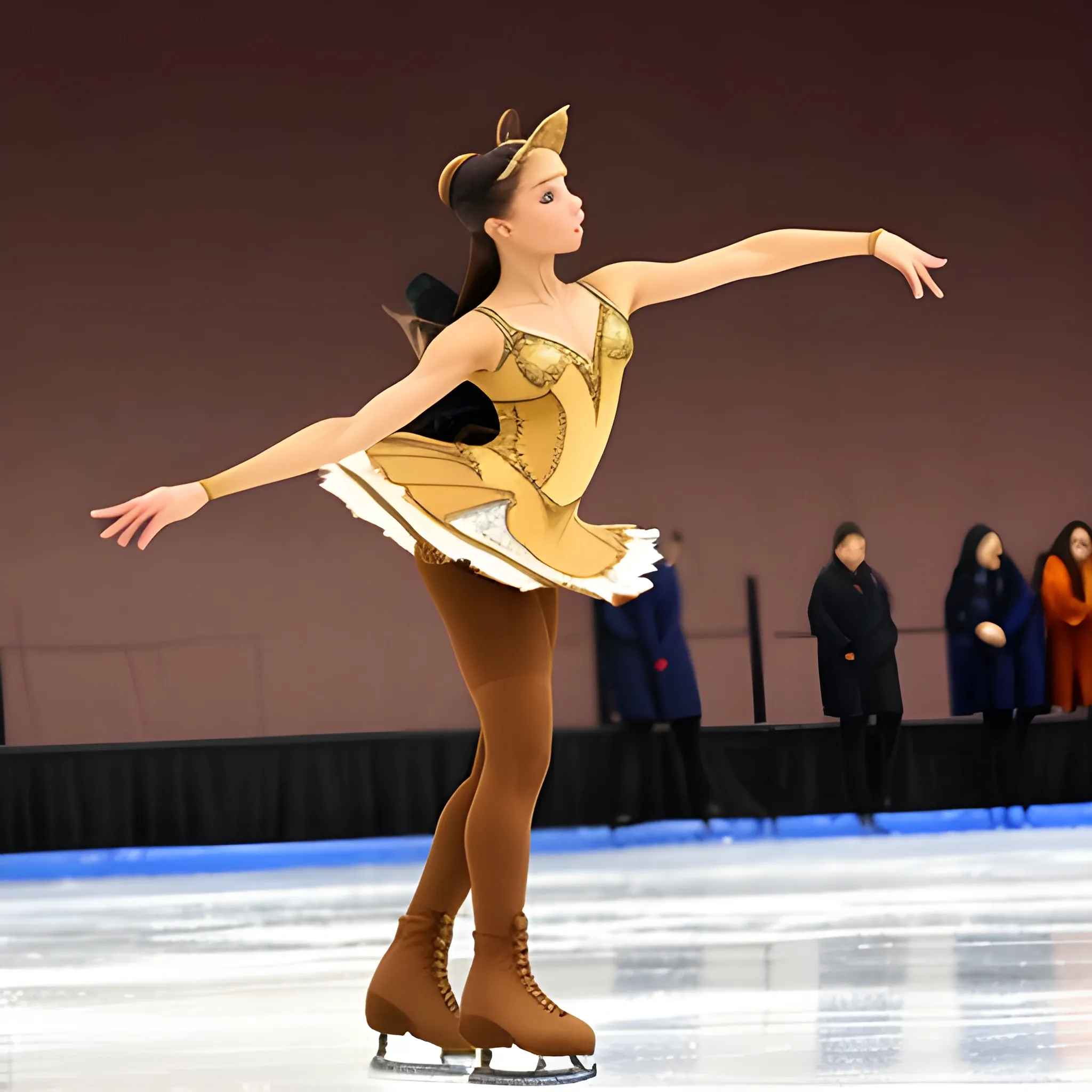 figure skater wearing pocahontas costume with tan tights over the high heels