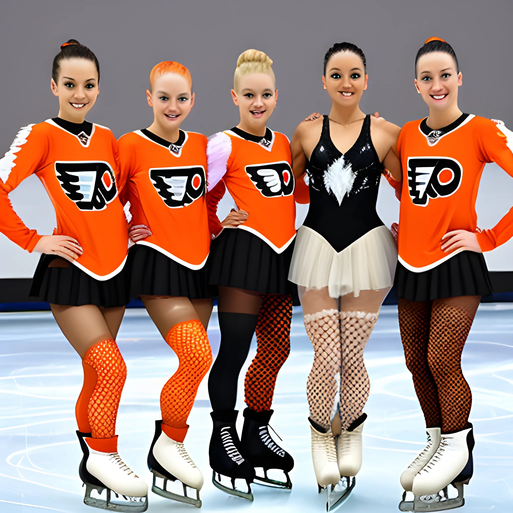 five professional ice show figure skaters wearing philadelphia flyers jerseys with tan over the boot fishnet tights