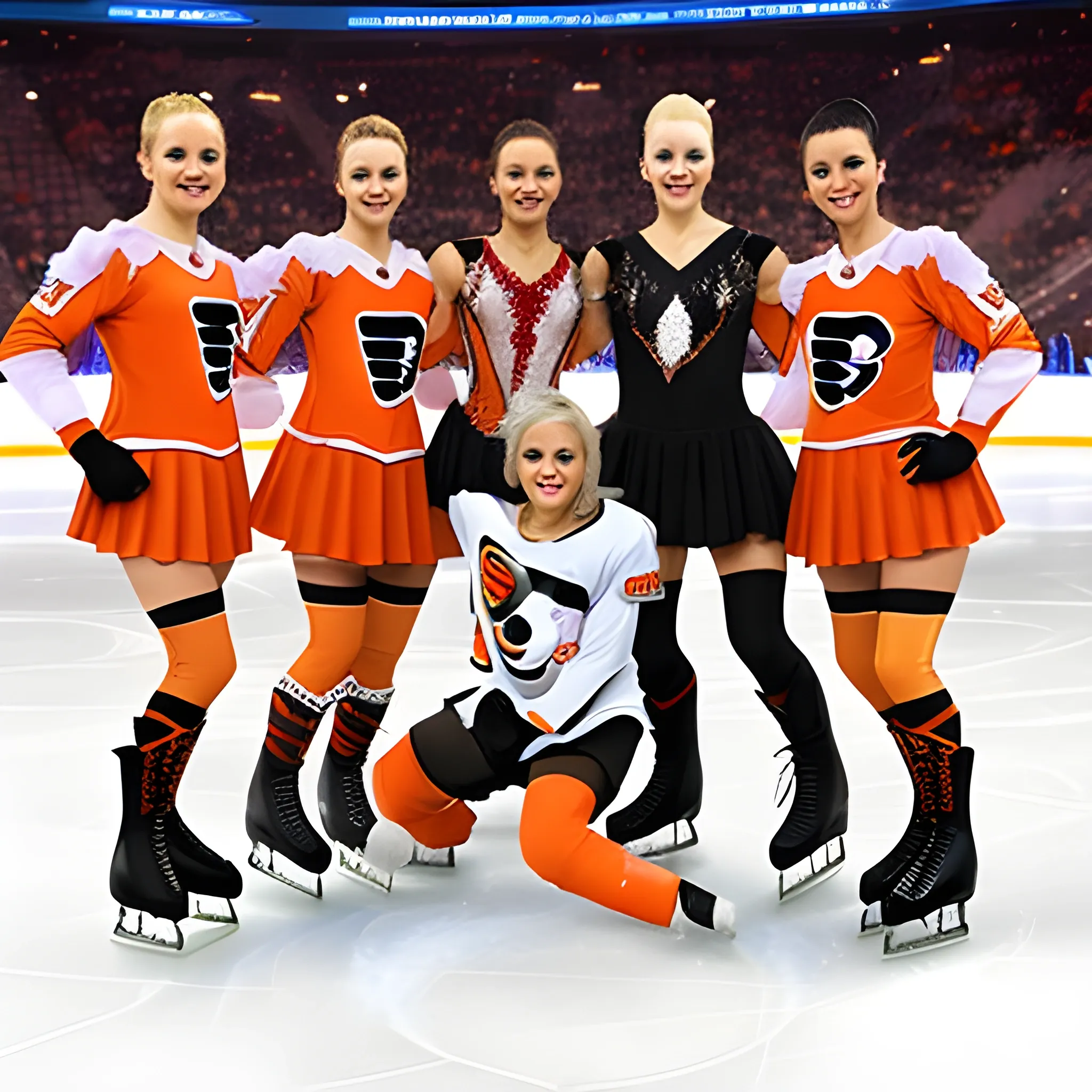 five professional ice show figure skaters wearing philadelphia flyers jerseys with tan over the boot fishnet tights over the skates