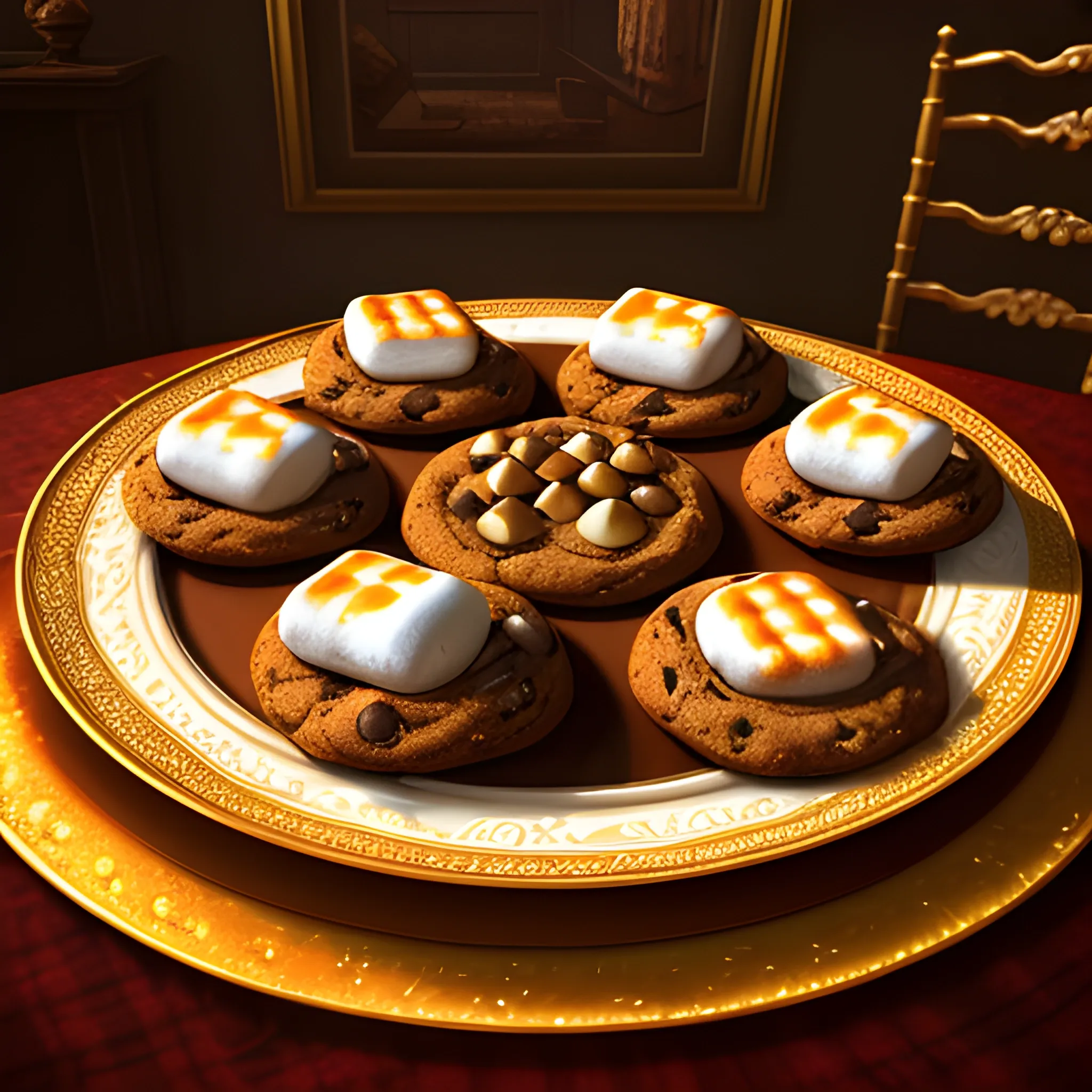 opulent banquet of plates of freshly baked chocolate chip cookies, delicious, glistening, chocolate sauce, marshmallows, highly detailed, food photography, art by rembrandt , 3D