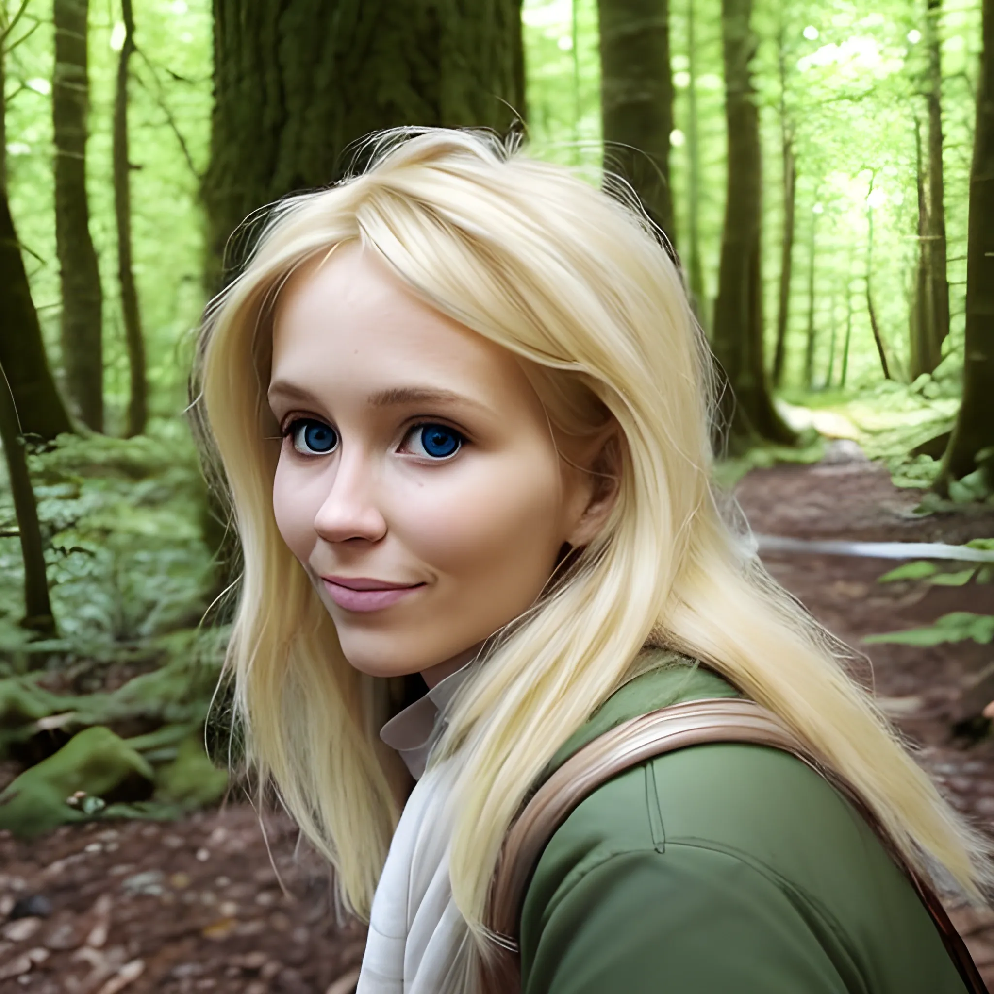 Blonde hair 30 year old women travelling through woods - Arthub.ai