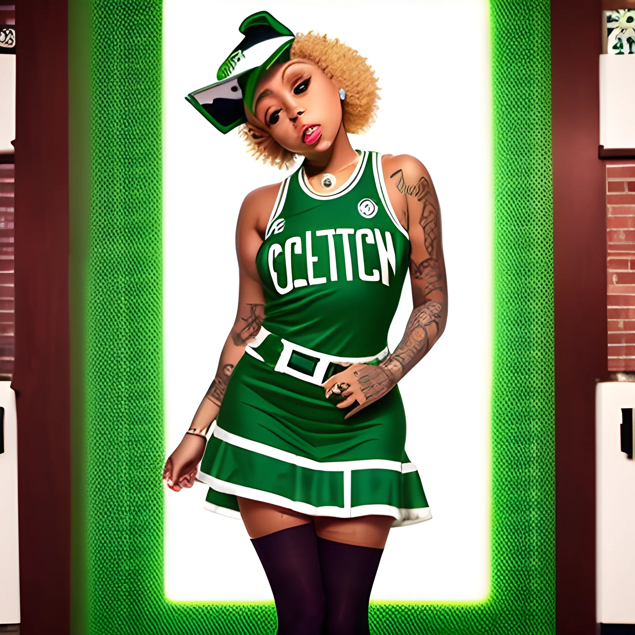 doja cat wearing boston celtics jersey minidress with tan tights over heels