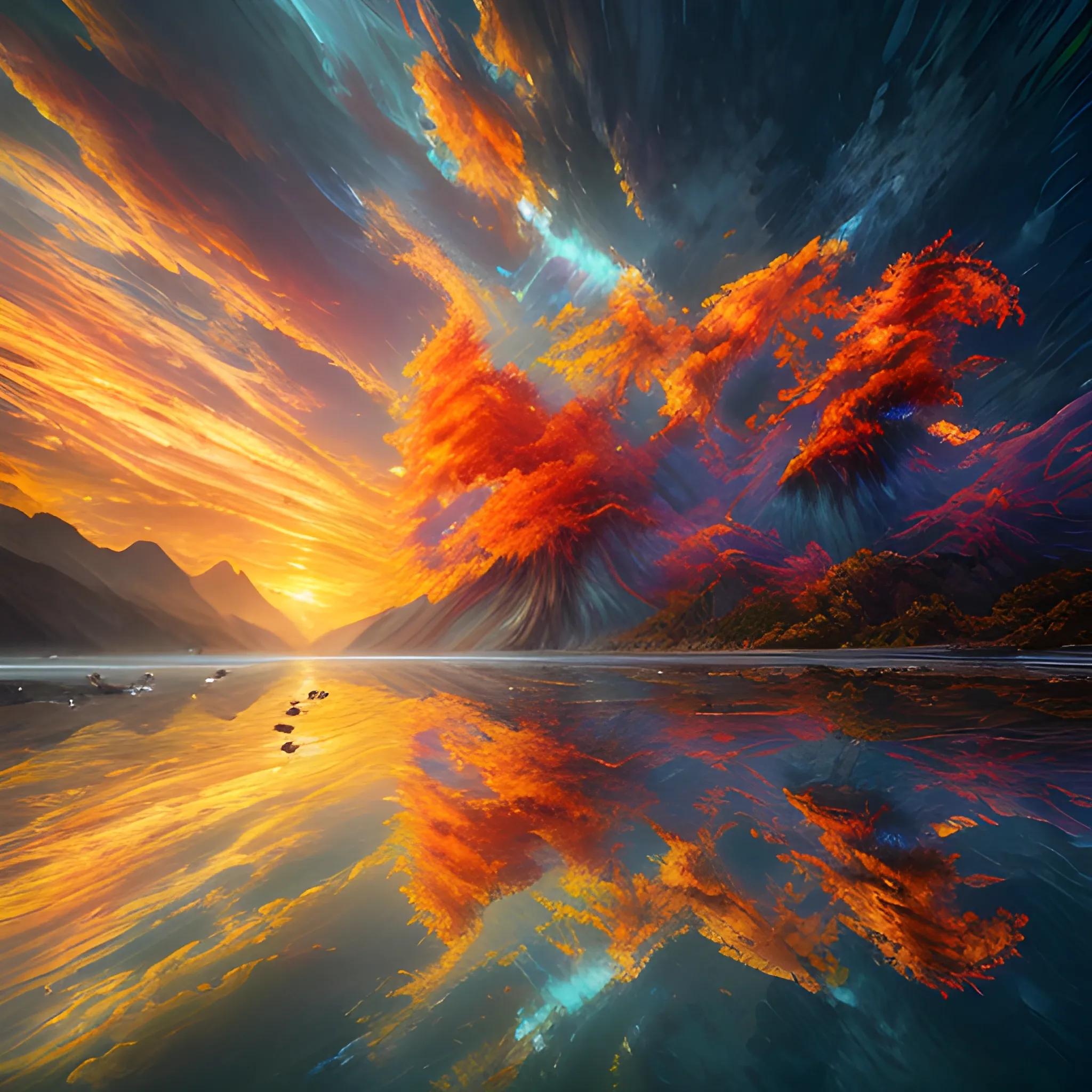 inspirational, hyper-detailed, beautiful, dark fantasy, ilpoty, clear waters with gentle ripples, dramatic fiery cloudy sunset,  in the style of marc adamus, exotic birds, vibrant and lush botanical gardens, ultra realistic, hyper detailed, volumetric lighting, 3d shadows, ray tracing reflections of light, depth of field, sharp focus,  concept art, 8k, natgeo, impressionist painting, rich texture, oil on canvas, artistic paint splatter, psychedelia