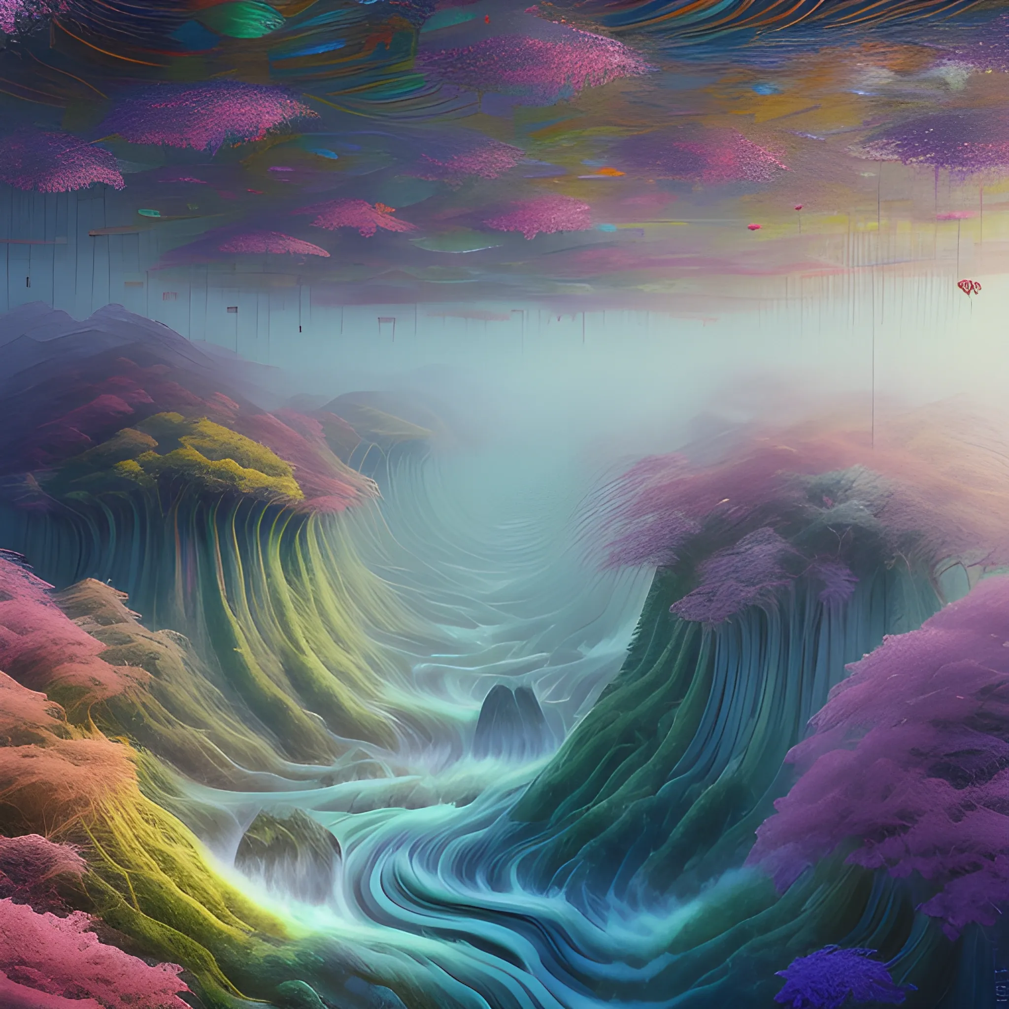 (by Ananta Mandal (and Andrew Biraj:0.5)), (in the style of nihonga), Style: Abstract, Medium: Digital illustration, Subject: An otherworldly landscape with floating islands, cascading waterfalls, and vibrant flora and fauna. Camera Angle: Overhead shot capturing the vastness and intricate details of the scene. The colors are saturated, and the lighting creates a warm and ethereal atmosphere. The painting is highly detailed, with every brushstroke capturing the complexity of the imaginary world., (high quality), (detailed), (masterpiece), (best quality), (highres), (extremely detailed), (8k), Oil Painting