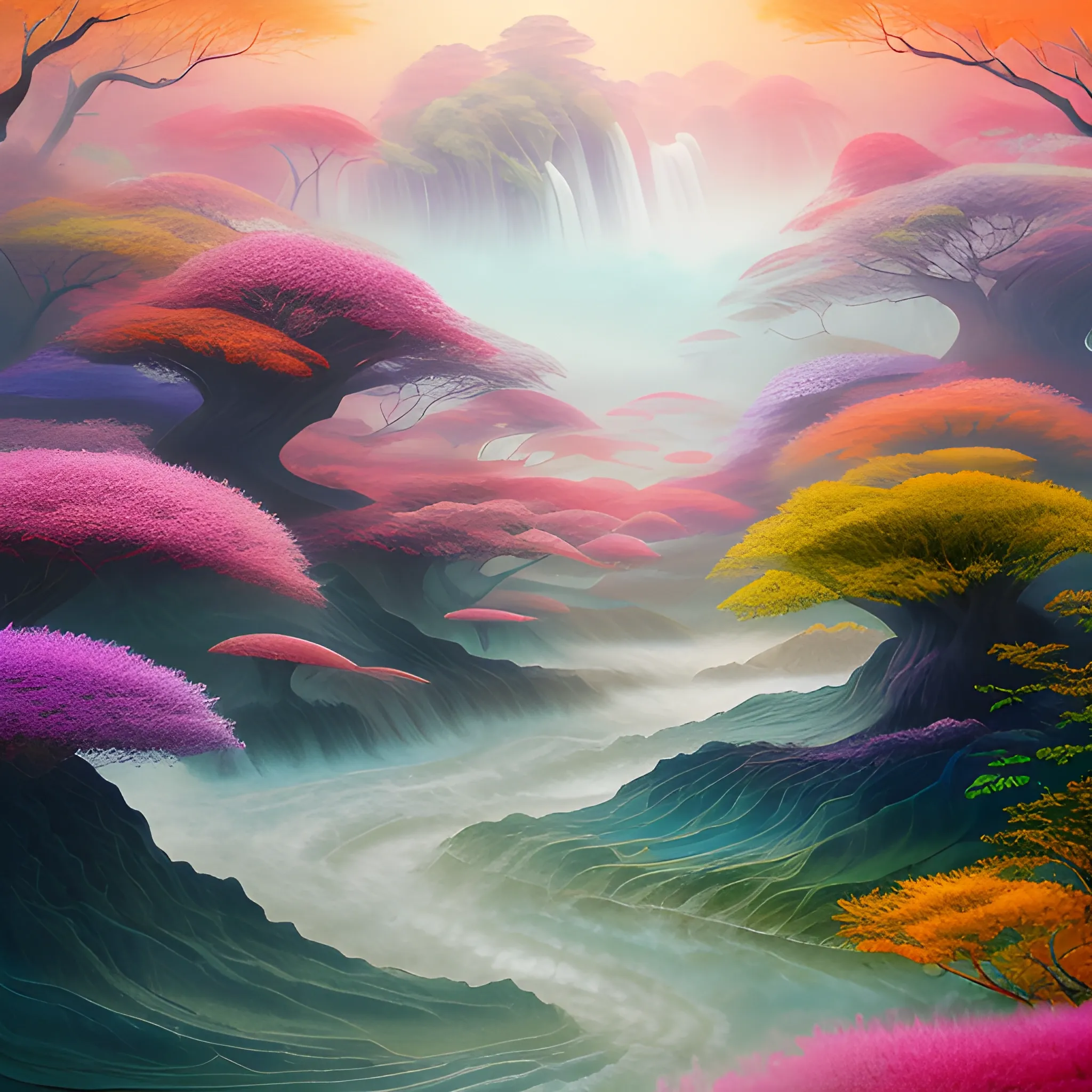 (by Ananta Mandal (and Andrew Biraj:0.5)), (in the style of nihonga), Style: Abstract, Medium: Digital illustration, Subject: An otherworldly landscape with floating islands, cascading waterfalls, and vibrant flora and fauna. Camera Angle: Overhead shot capturing the vastness and intricate details of the scene. The colors are saturated, and the lighting creates a warm and ethereal atmosphere. The painting is highly detailed, with every brushstroke capturing the complexity of the imaginary world., (high quality), (detailed), (masterpiece), (best quality), (highres), (extremely detailed), (8k), Oil Painting, Water Color