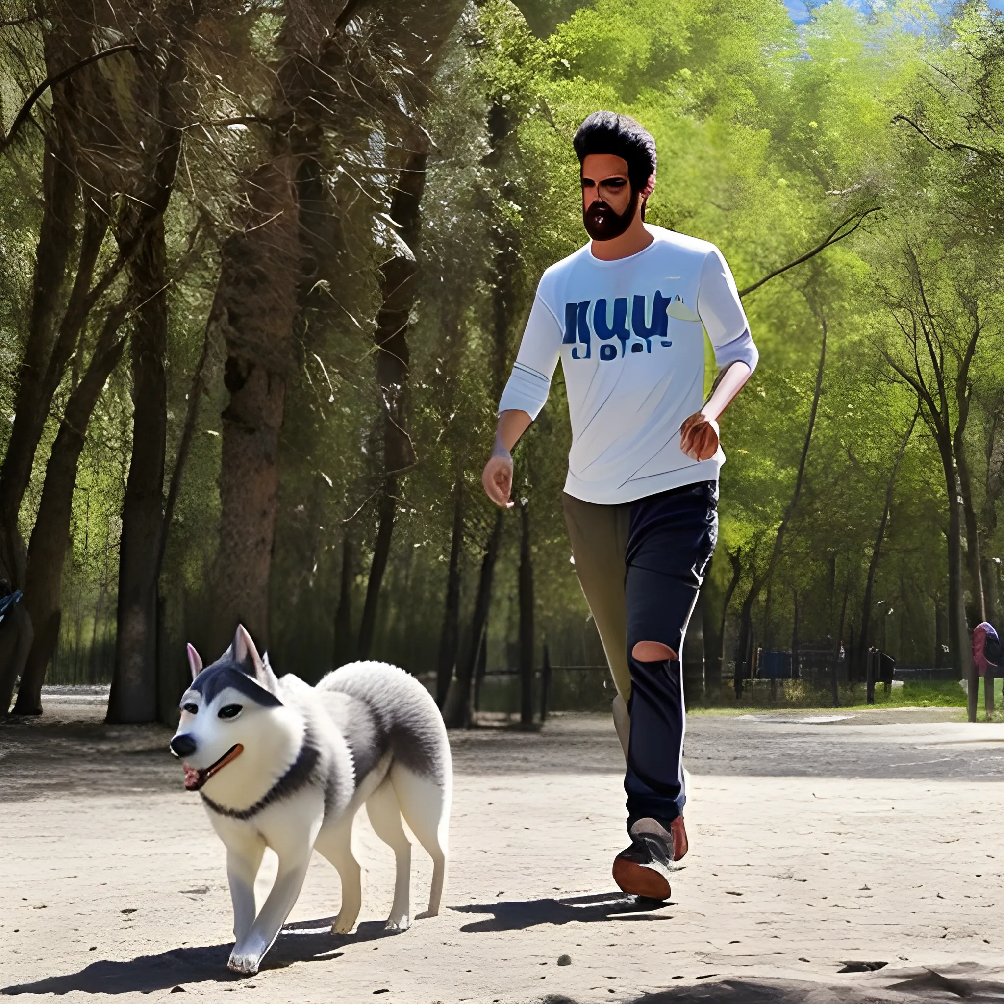 "Imagina a un hombre moreno con pelo corto y barba, vistiendo una pantaloneta negra y una camisa de tirantes. Está en un parque rodeado de árboles y naturaleza, disfrutando de la vida. En su mano izquierda, lleva una cadena sujetando a un husky, quien camina alegremente a su lado. El sol brilla en el cielo azul, creando un ambiente cálido y relajado. La escena transmite una sensación de paz y conexión con la naturaleza. Puedes ver la felicidad en el rostro del hombre y en la expresión juguetona del husky. Todo parece estar en perfecta armonía en este momento de disfrute y tranquilidad en el parque."
