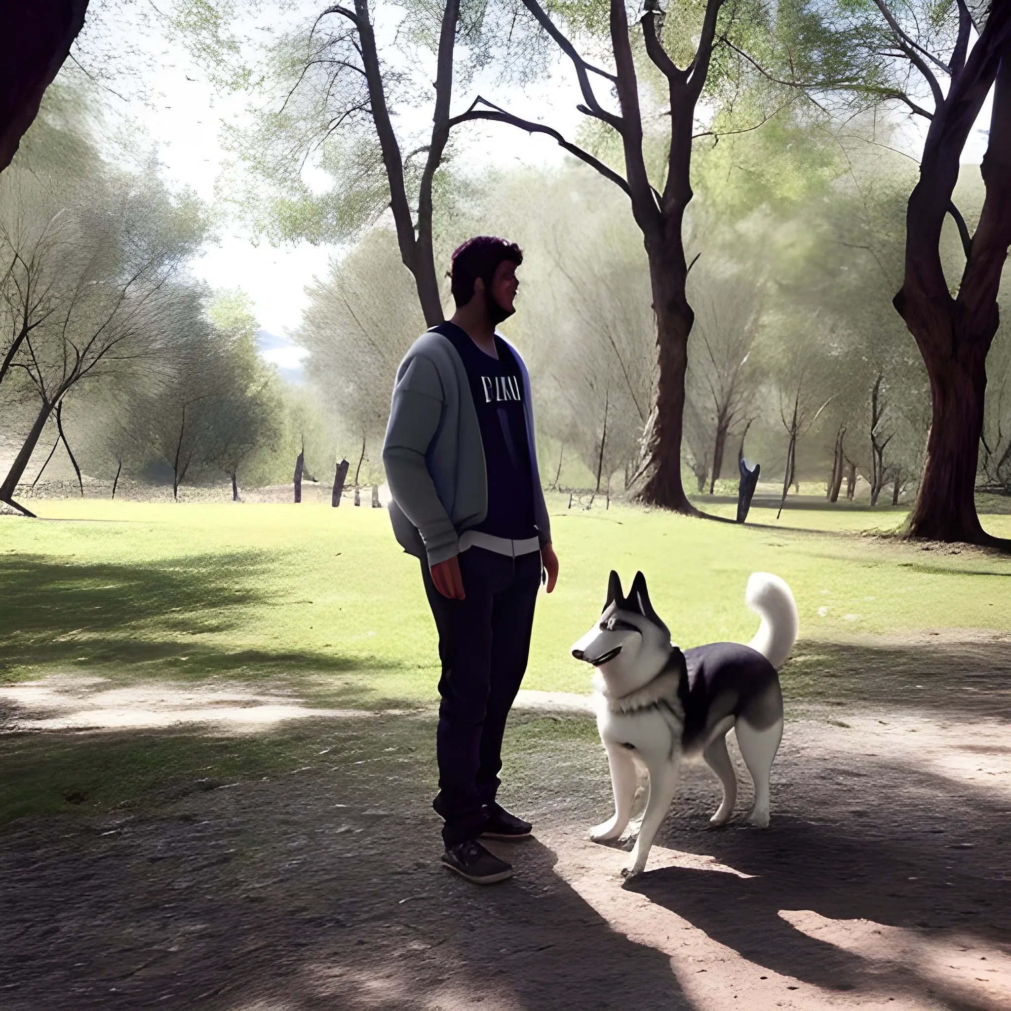 "Imagina a un hombre moreno con pelo corto y barba, vistiendo una pantaloneta negra y una camisa de tirantes. Está en un parque rodeado de árboles y naturaleza, disfrutando de la vida. En su mano izquierda, lleva una cadena sujetando a un husky, quien camina alegremente a su lado. El sol brilla en el cielo azul, creando un ambiente cálido y relajado. La escena transmite una sensación de paz y conexión con la naturaleza. Puedes ver la felicidad en el rostro del hombre y en la expresión juguetona del husky. Todo parece estar en perfecta armonía en este momento de disfrute y tranquilidad en el parque. que parezca una foto tomada con un iphone por la calidad de imagen"
