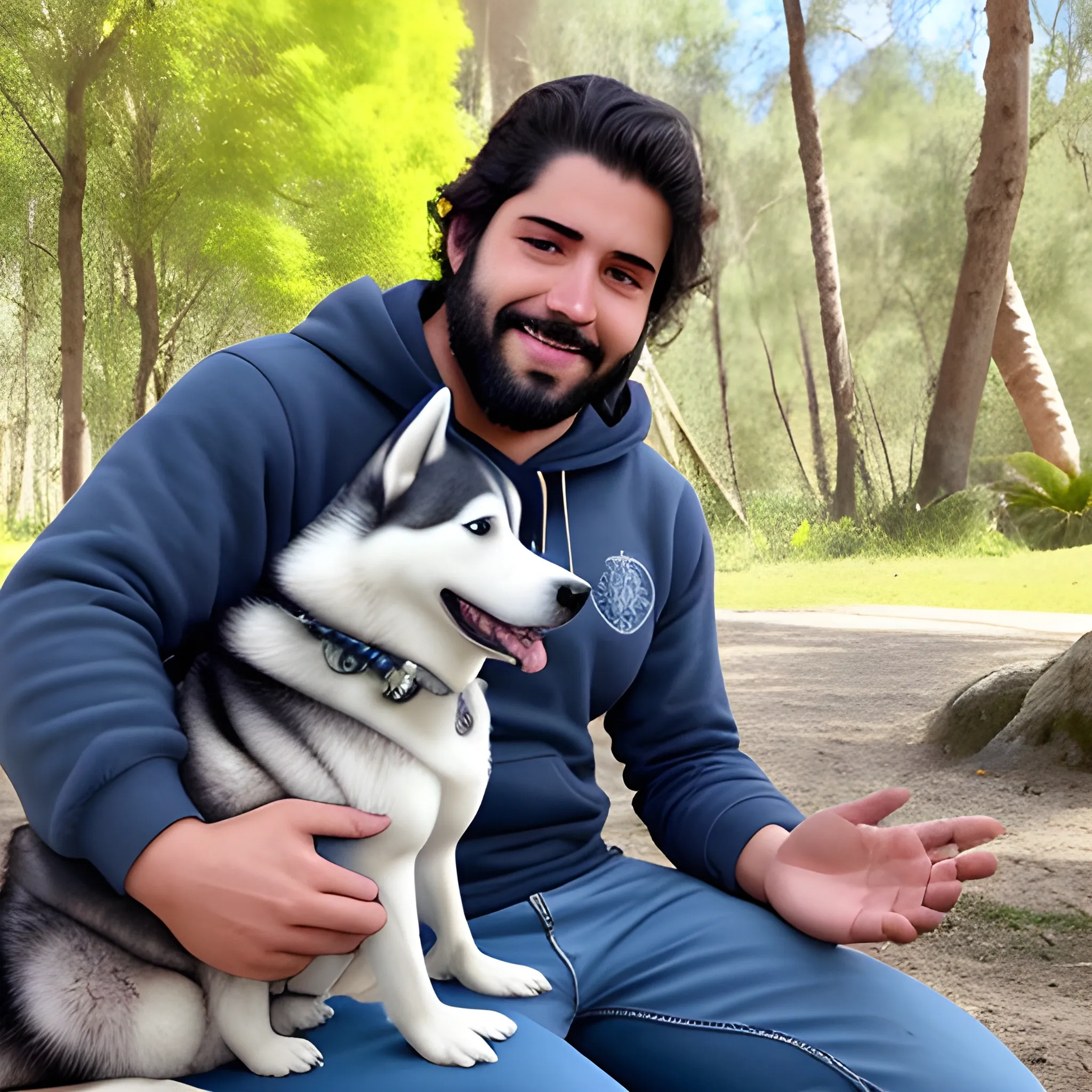 "Imagina a un hombre moreno con pelo corto y barba, vistiendo una pantaloneta negra y una camisa de tirantes. Está en un parque rodeado de árboles y naturaleza, disfrutando de la vida. En su mano izquierda, lleva una cadena sujetando a un husky malamute muy peludo, quien camina alegremente a su lado. El sol brilla en el cielo azul, creando un ambiente cálido y relajado. La escena transmite una sensación de paz y conexión con la naturaleza. Puedes ver la felicidad en el rostro del hombre y en la expresión juguetona del husky. Todo parece estar en perfecta armonía en este momento de disfrute y tranquilidad en el parque. que parezca una foto real tomada con un iphone por la calidad de imagen"
