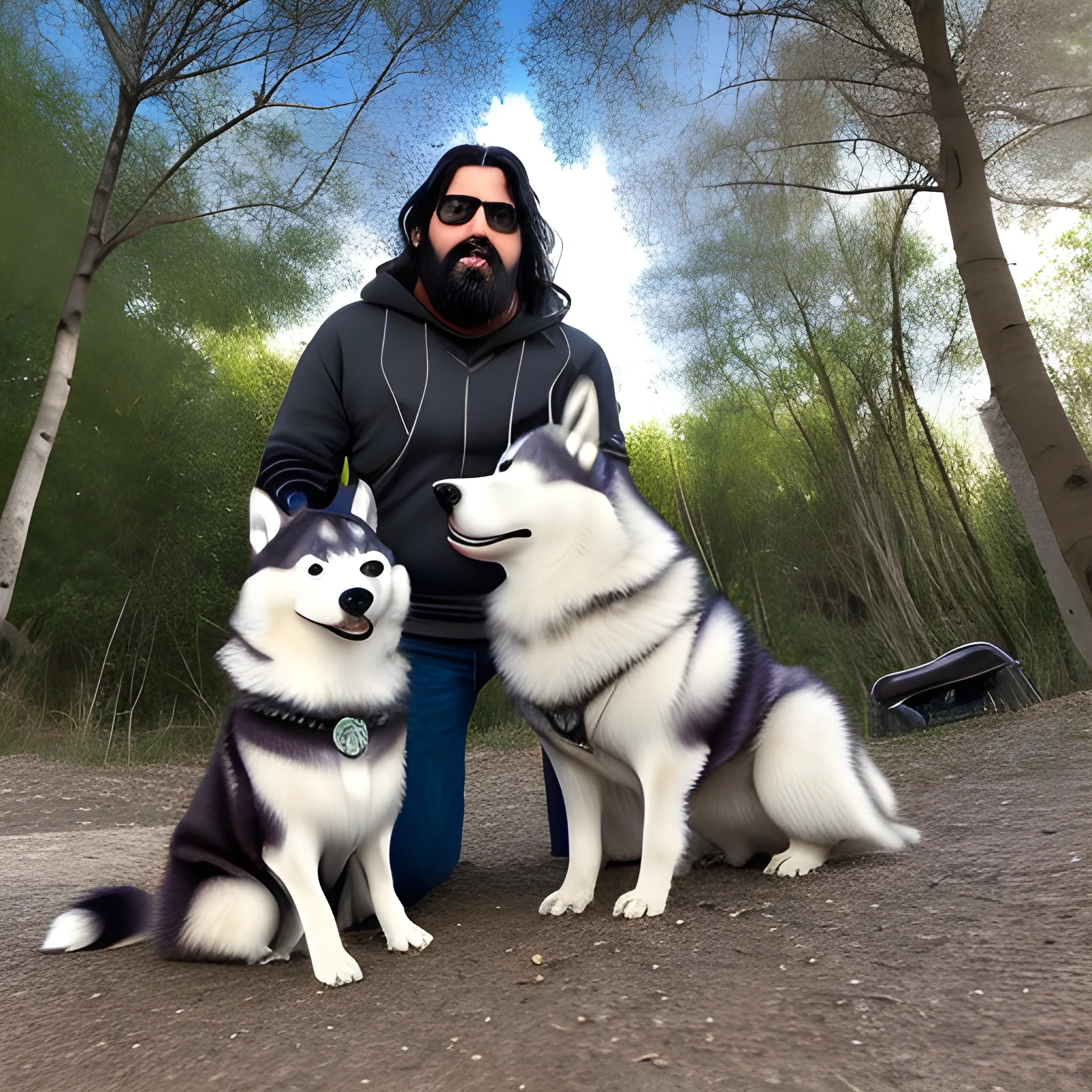 "Imagina a un hombre moreno con cabello corto y barba, fumando un puro de cannabis. Está en un parque rodeado de árboles y naturaleza, disfrutando de la vida. En su mano izquierda, lleva una cadena sujetando a un husky malamute muy peludo, quien camina alegremente a su lado. El sol brilla en el cielo azul, creando un ambiente cálido y relajado. La escena transmite una sensación de paz y conexión con la naturaleza. Puedes ver la felicidad en el rostro del hombre y en la expresión juguetona del husky. Todo parece estar en perfecta armonía en este momento de disfrute y tranquilidad en el parque. que parezca una foto real tomada con un iphone por la calidad de imagen"
