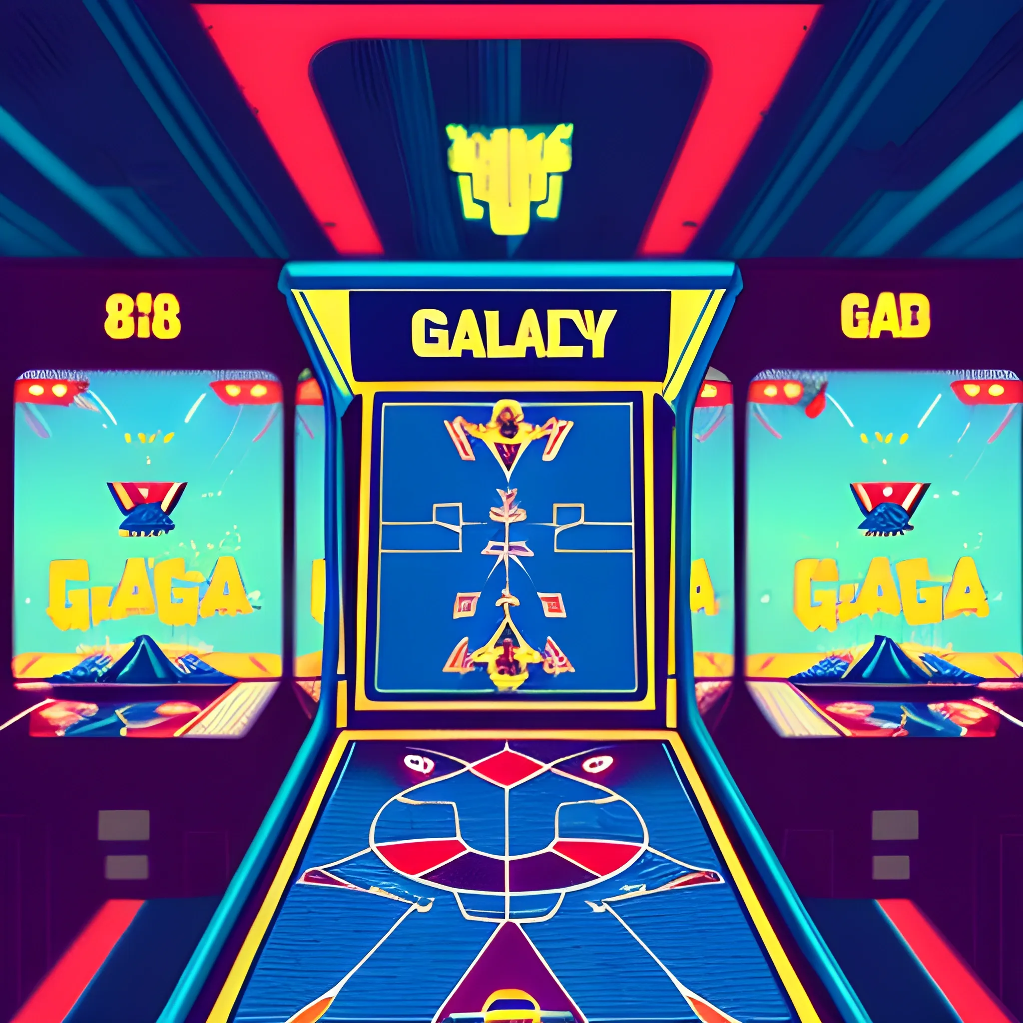 Galaga arcade game, two ships, orchids retro 80s style
 