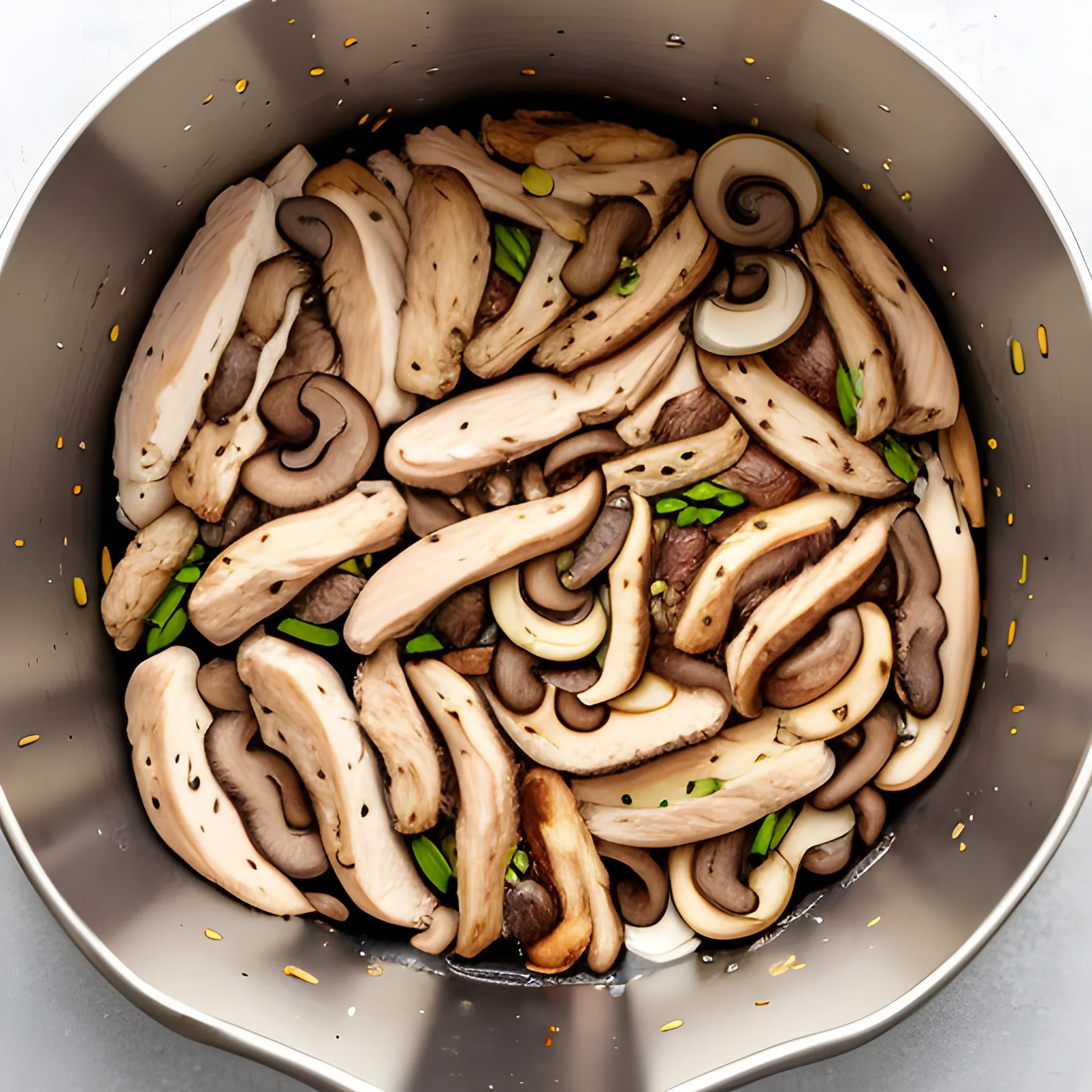 Put the sliced chicken pieces in the basin, and some shiitake mushrooms, set aside