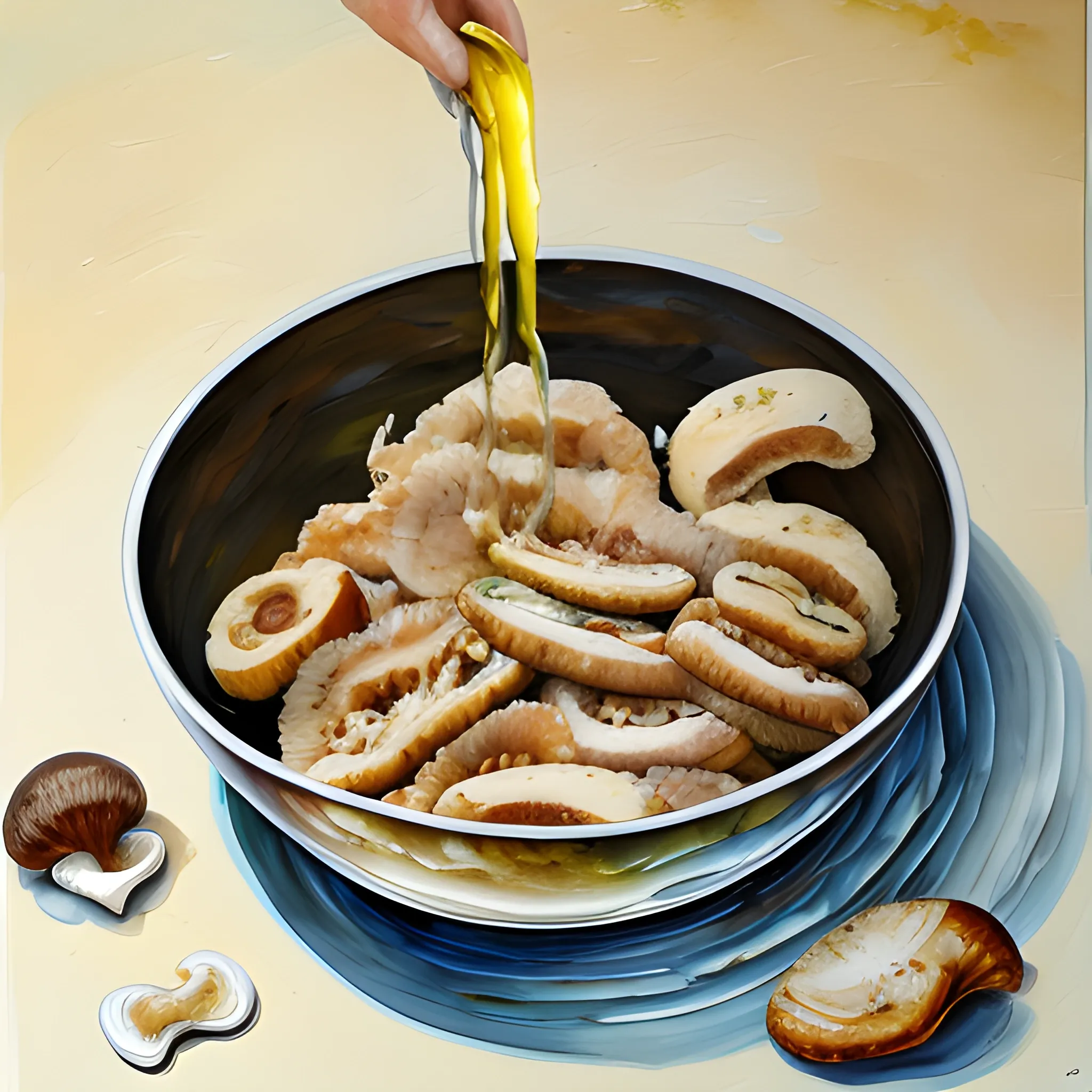 Put the sliced chicken pieces in the basin, and some shiitake mushrooms, set aside, Oil Painting, Oil Painting, Water Color