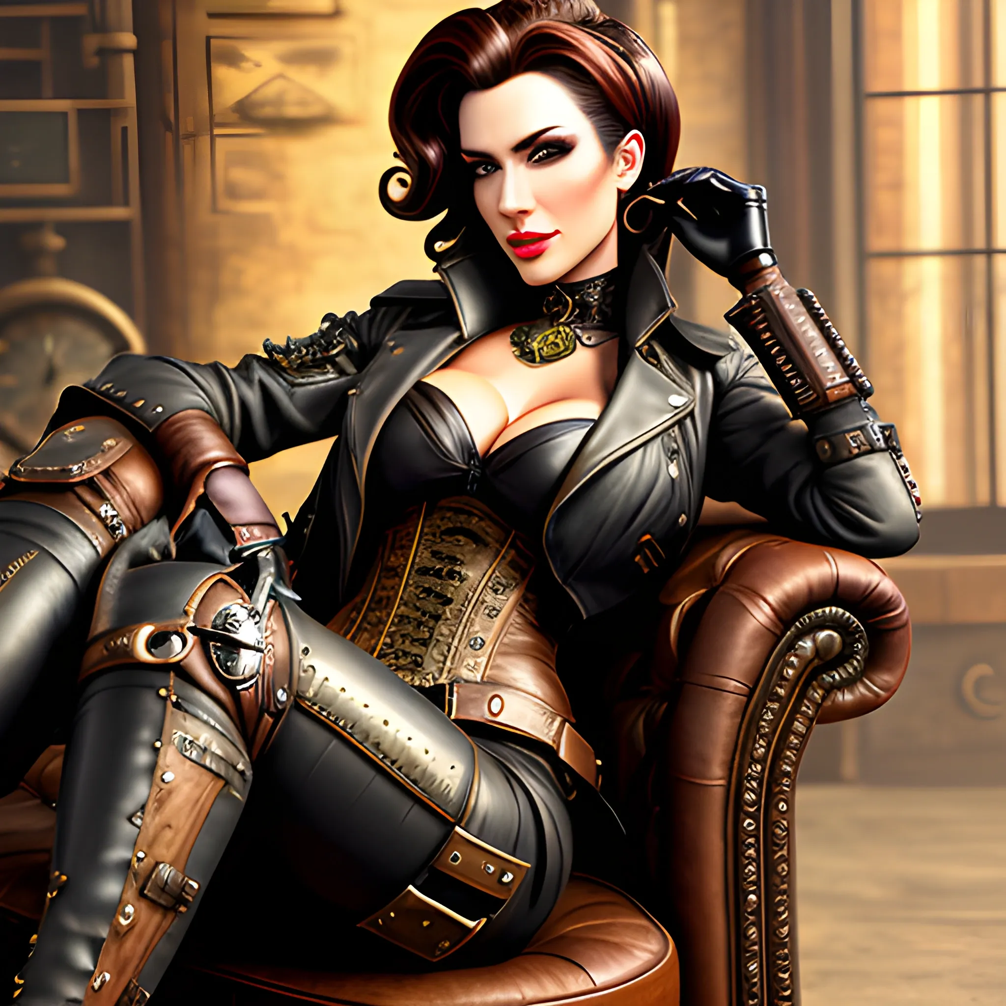 steampunk babe 


best quality, masterpiece, girl, ultra high res, photorealistic, detailed skin, (black steampunk aviator leather jacket), (black steampunk aviator leather pot hut), lounging,