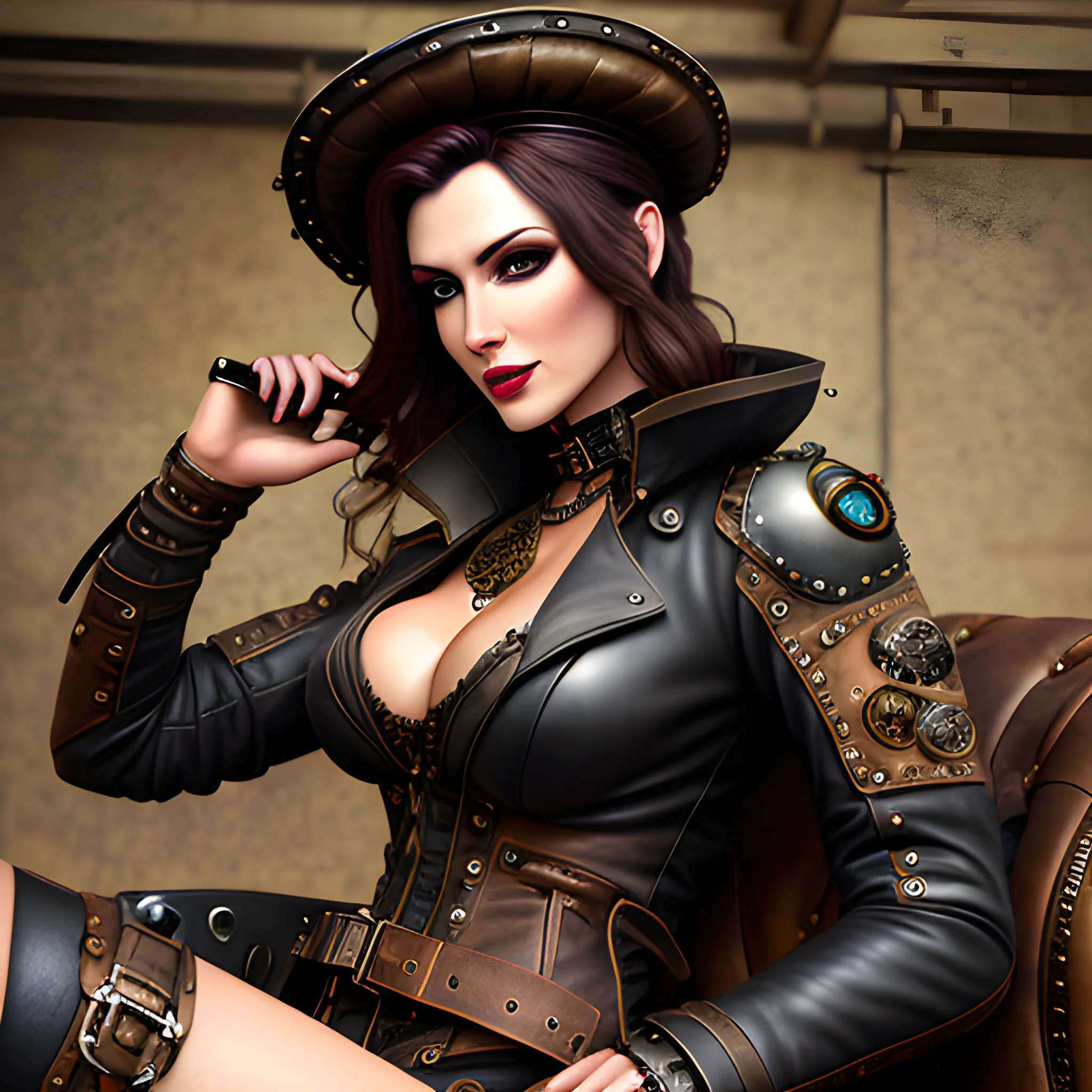 steampunk babe 


best quality, masterpiece, girl, ultra high res, photorealistic, detailed skin, (black steampunk aviator leather jacket), (black steampunk aviator leather pot hut), lounging,
