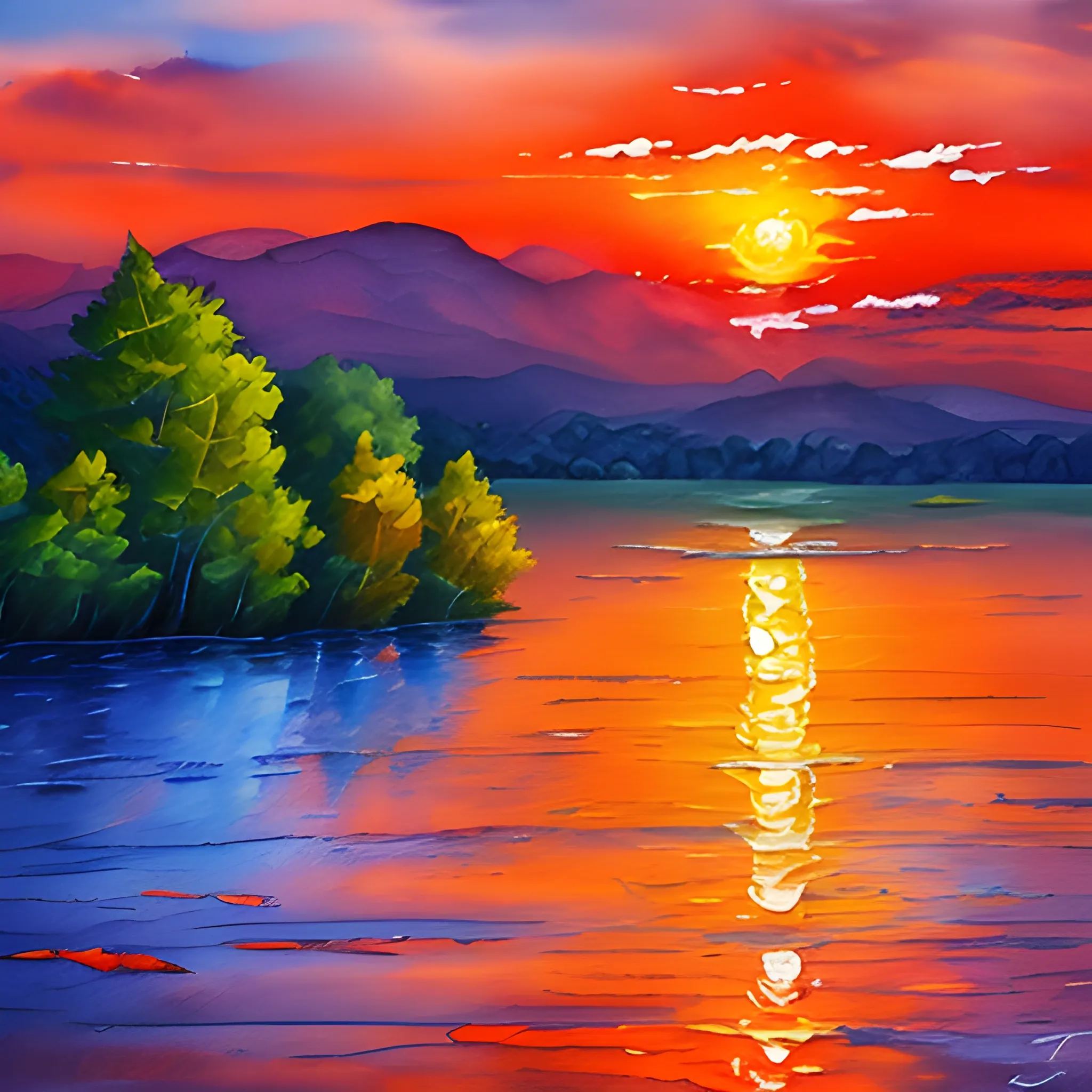 Sunset landscape painting, oil painting style, Water Color