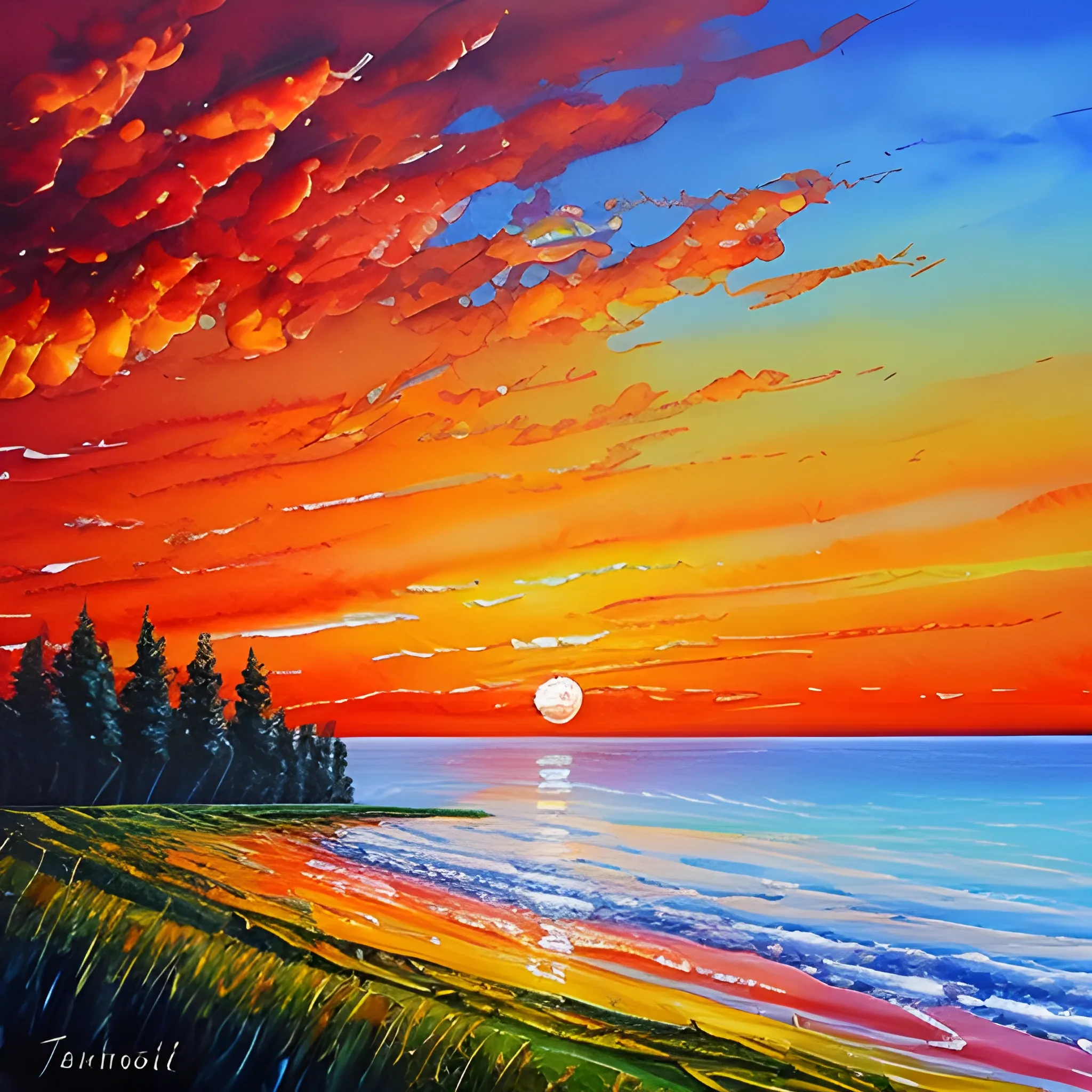 Sunset landscape painting, oil painting style, Water Color, Oil Painting