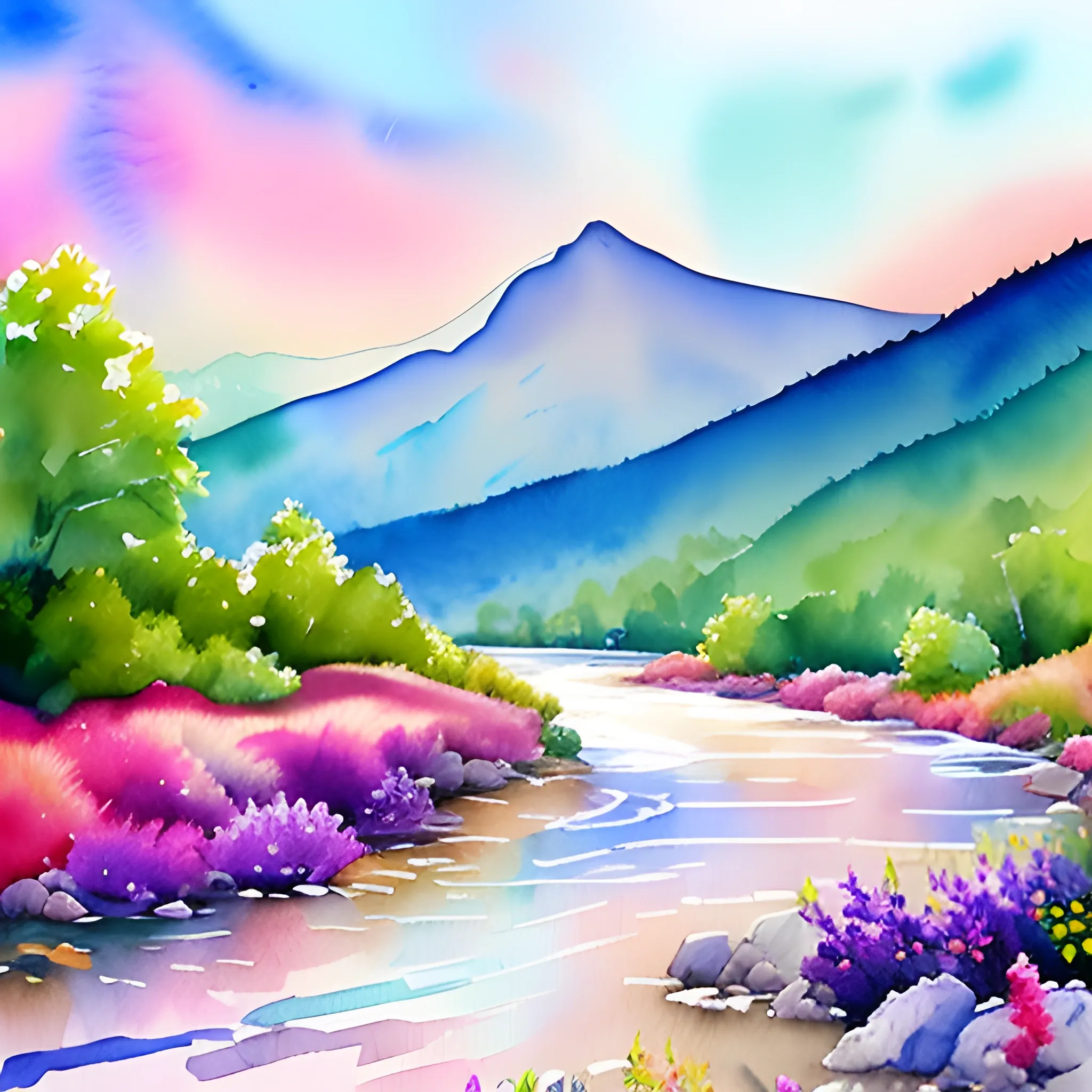 Colorful Flowers Wall Art, Watercolor Painting Mountain River Art, Coastal Decor Art