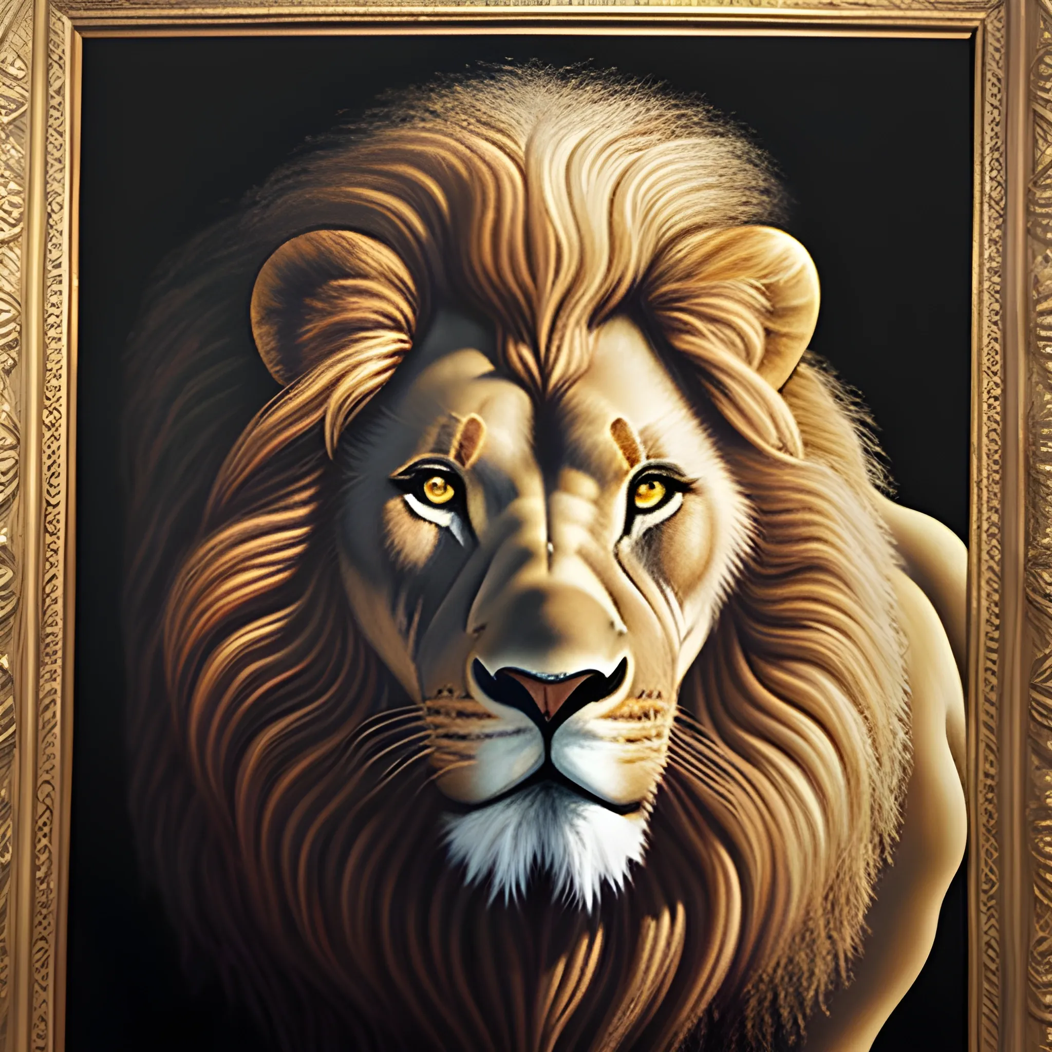 Lion Aslan from The Chronicles of Narnia by C. S. Lewis. Original oil painting on black velvet by E. Felix. f121