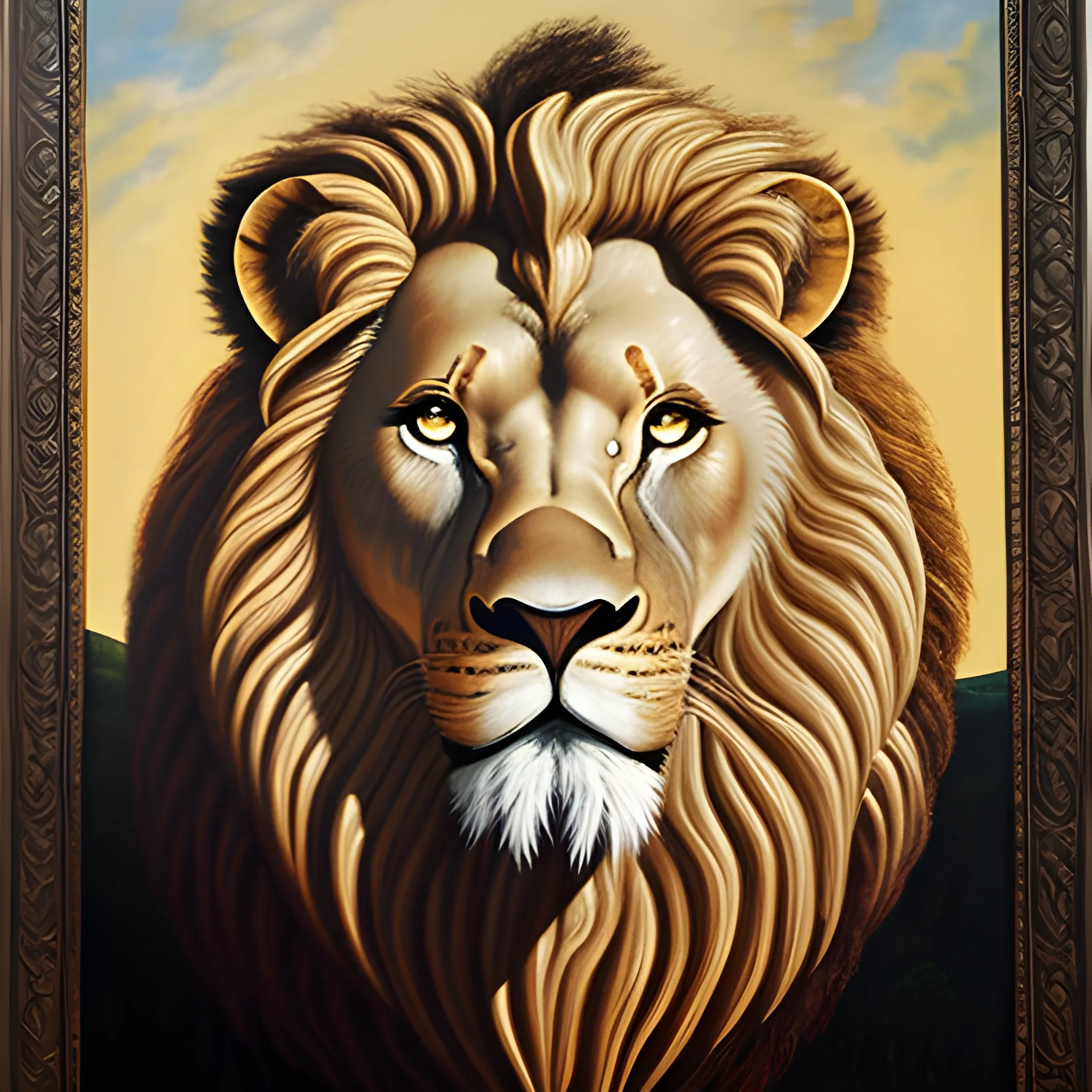 Lion Aslan from The Chronicles of Narnia by C. S. Lewis. Original oil painting on black velvet by E. Felix. f121