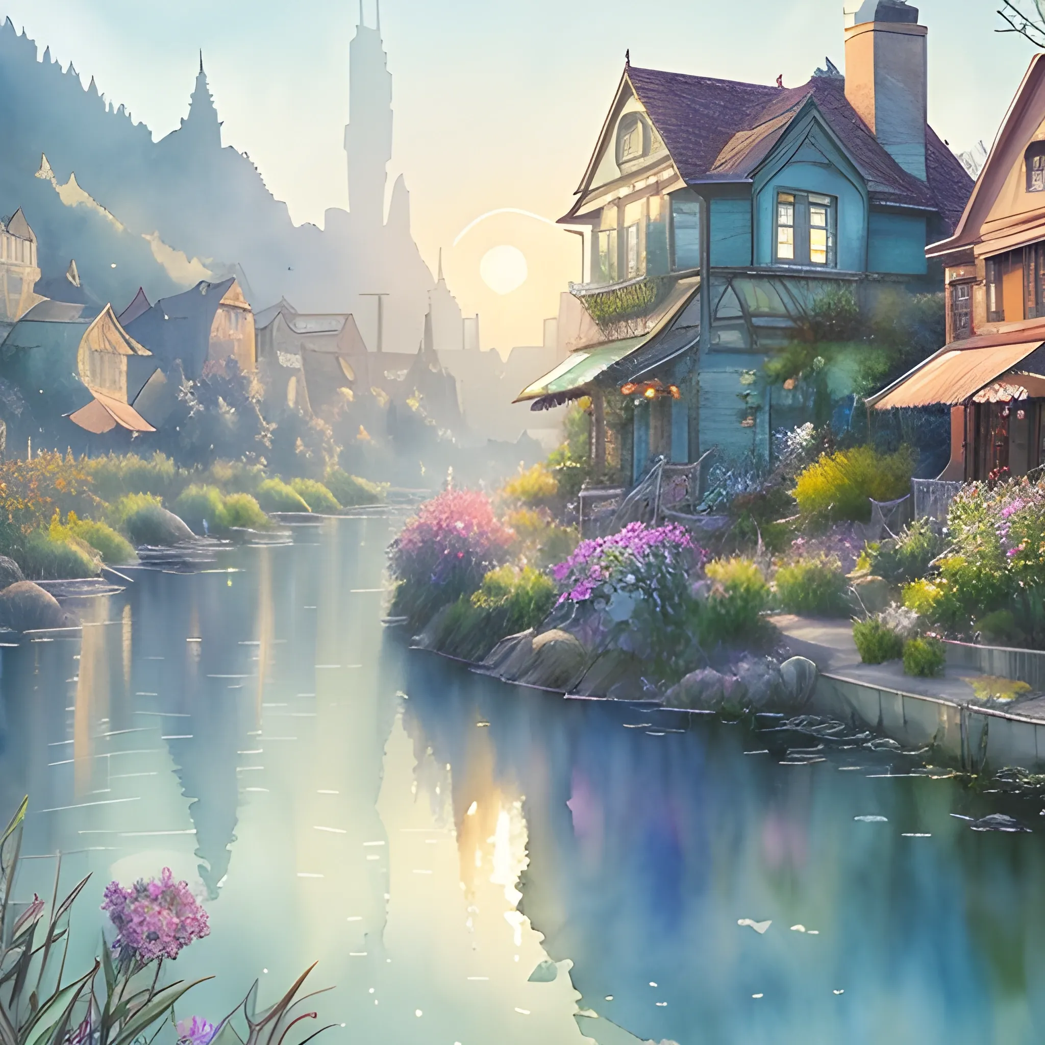 Beautiful happy picturesque charming sci-fi town in harmony with nature. Beautiful light. Water and plants. Nice colour scheme, soft warm colour. Beautiful detailed artistic watercolor by Vincent. (2022)