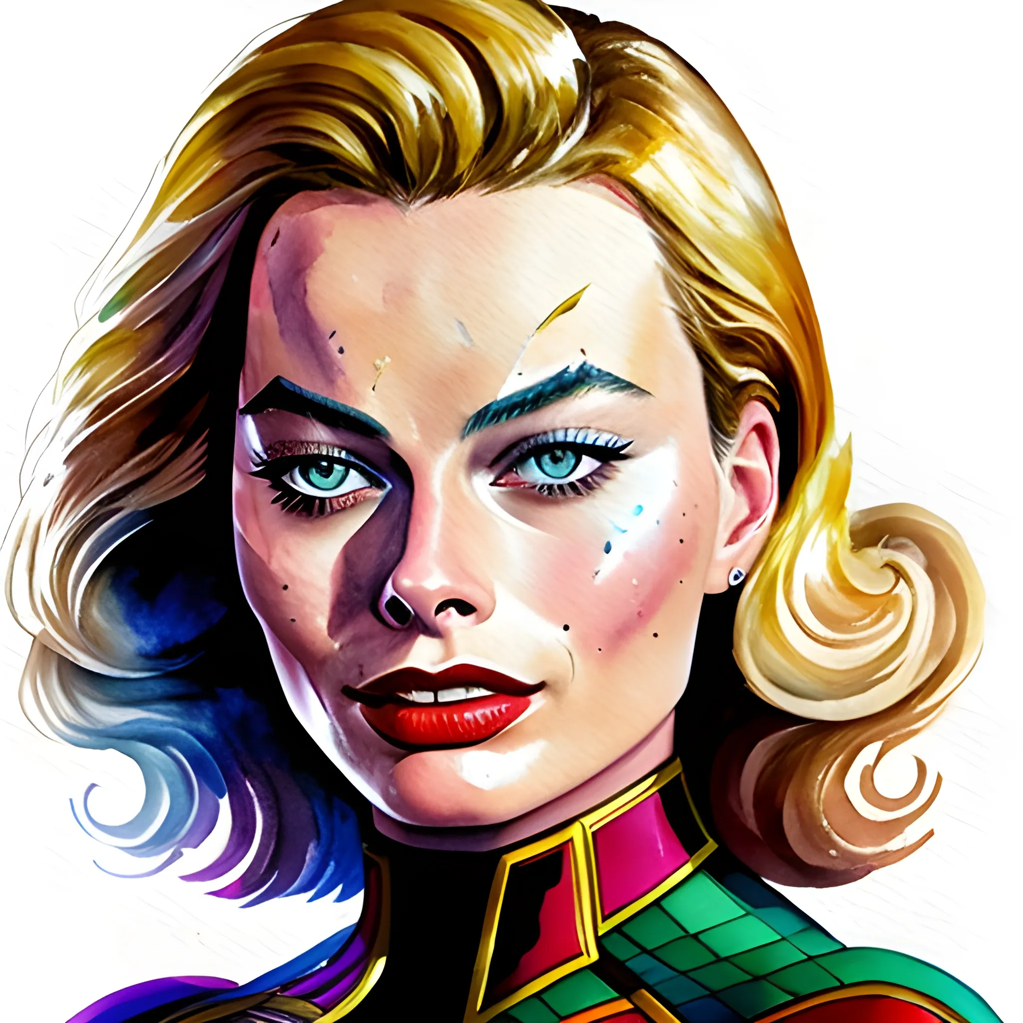 Margot Robbie as Capitana Marvel characters, Watercolor, Oil Painting