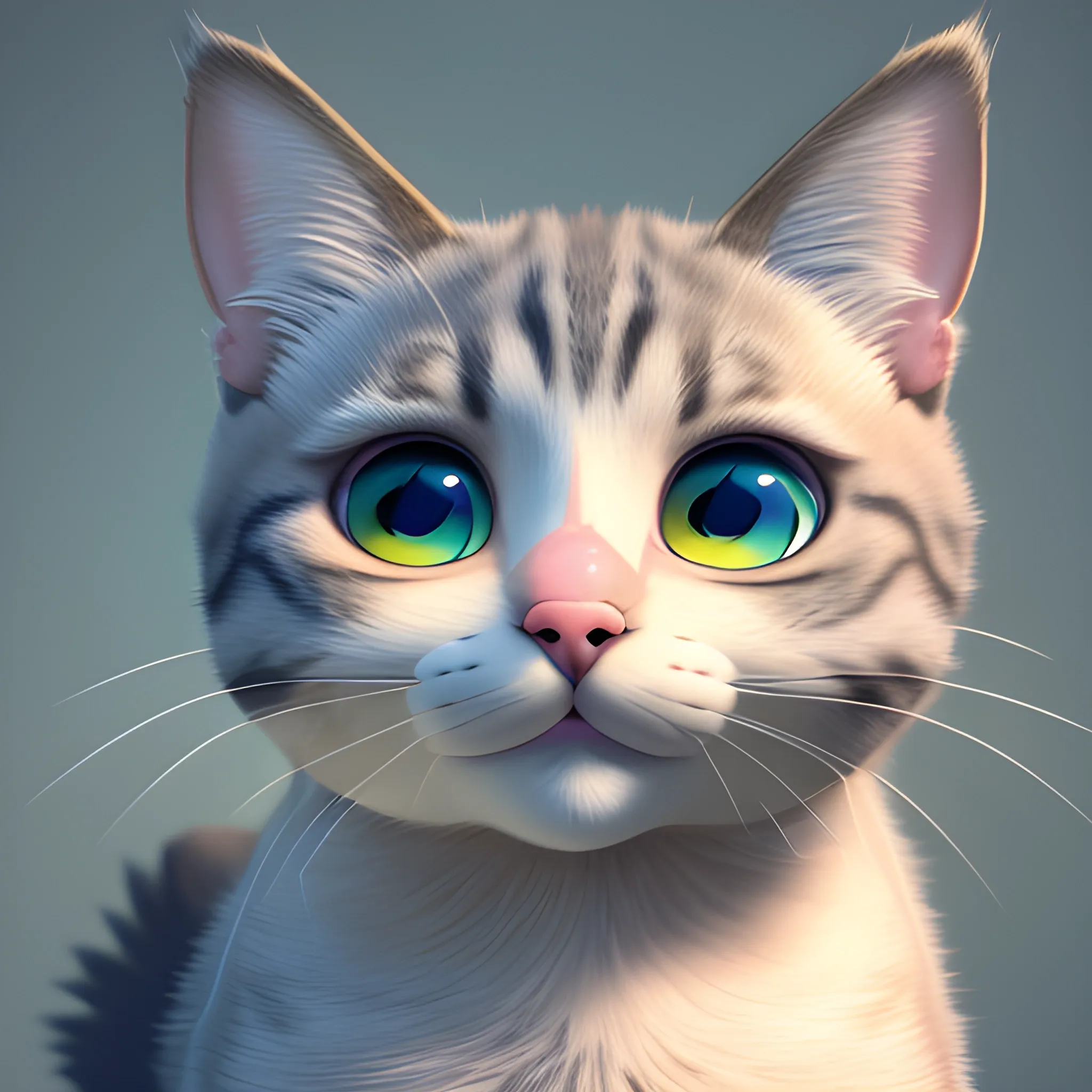super cute cat, a Maine cat, handsome, steady-eyed, big-eared, powerful, glossy, thickly furred, cartoon, clean background, IP, best quality, 8k, 3D rendering