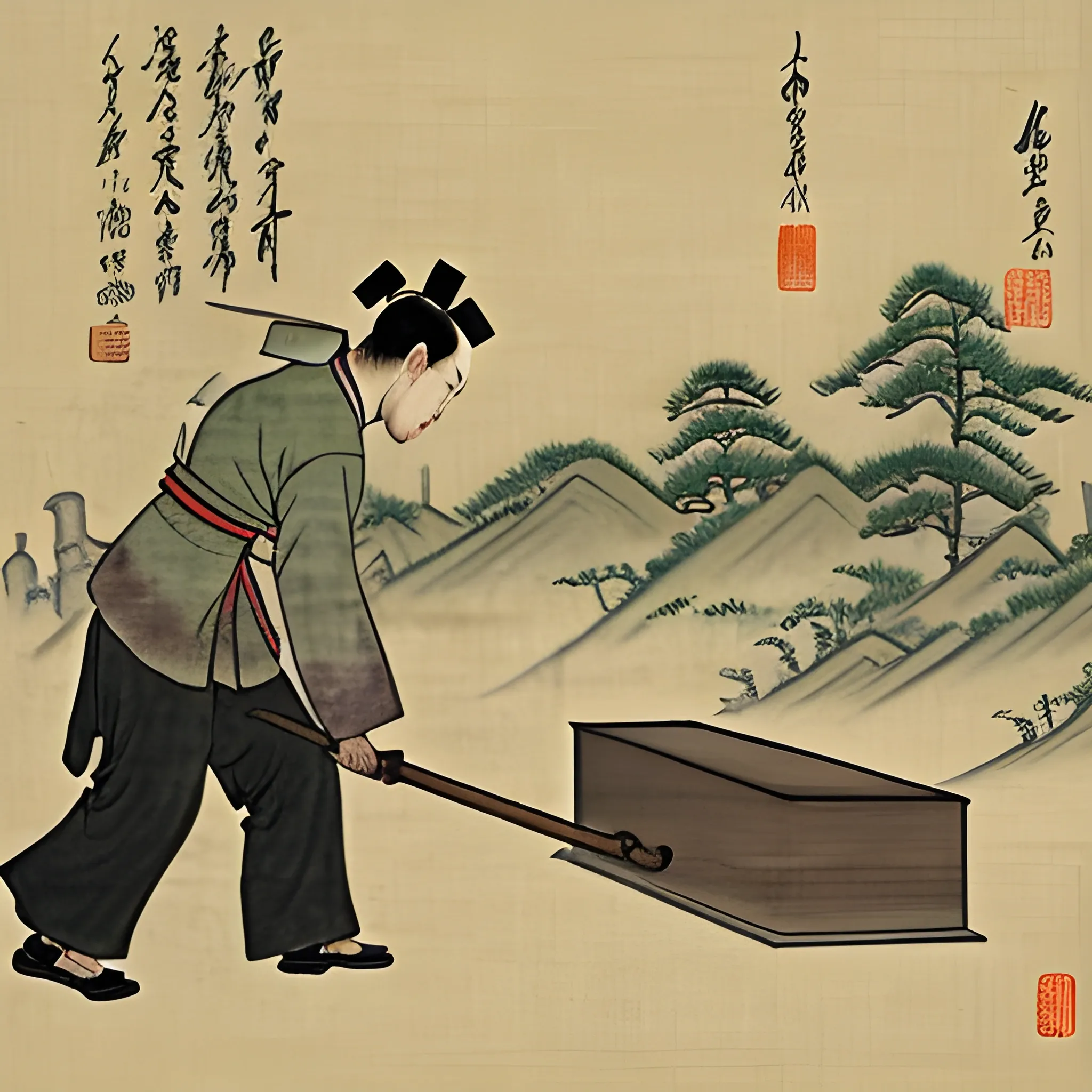 

Images of a gravedigger, burying a coffin, in a cemetery. In the ancient Chinese traditional painting style, elegant master paintings.