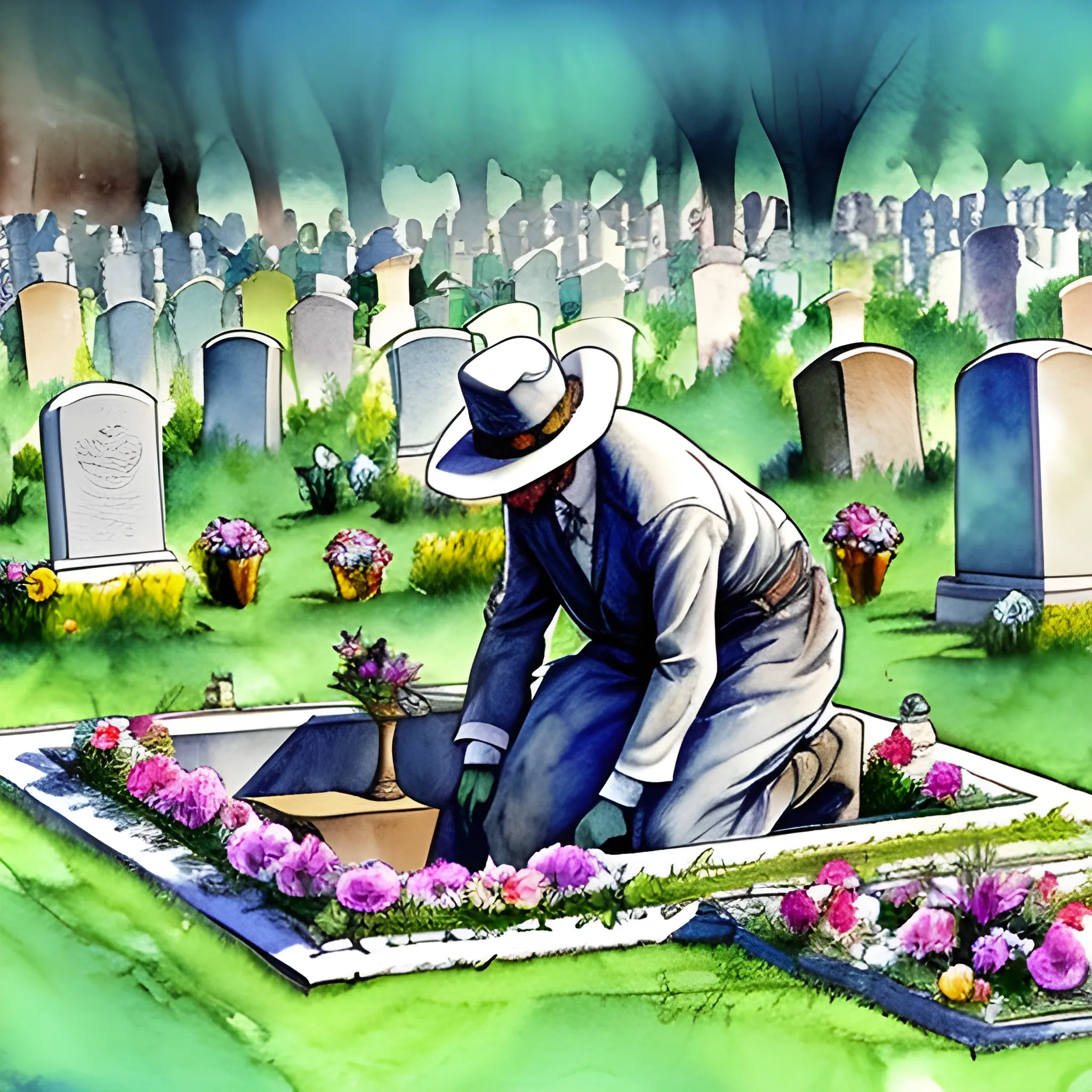 
gravedigger, burying a coffin, in a beautiful cemetery full of flowers and light.,, Water Color