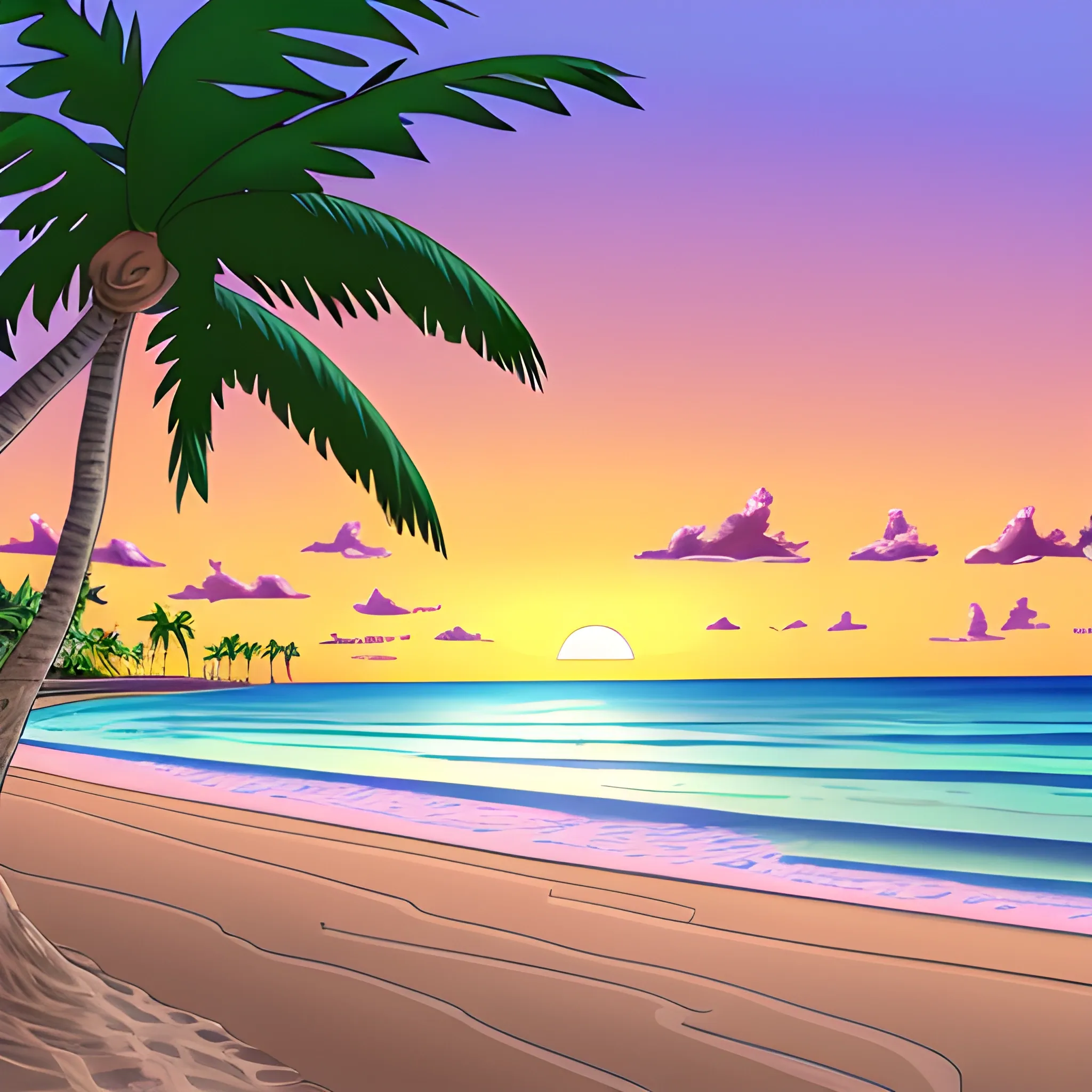 Palm Beach County Roleplay, Cartoon, no people, beach, include with palm trees, empty beach, 2d, sunset at beach