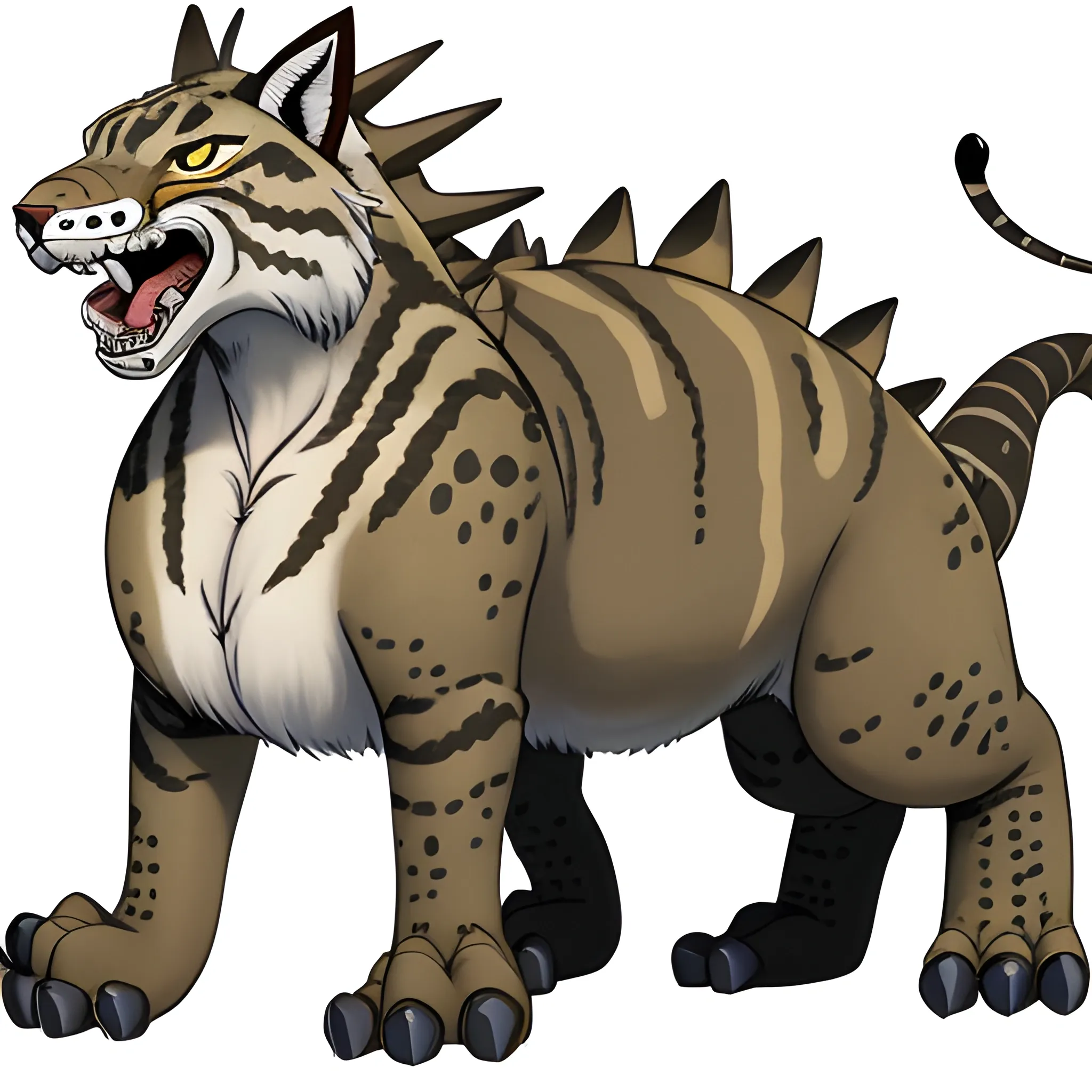 creates a drawing of a lynx-eared smilodon mixed with a stegosaurius as if drawn by Akira Toriyama
