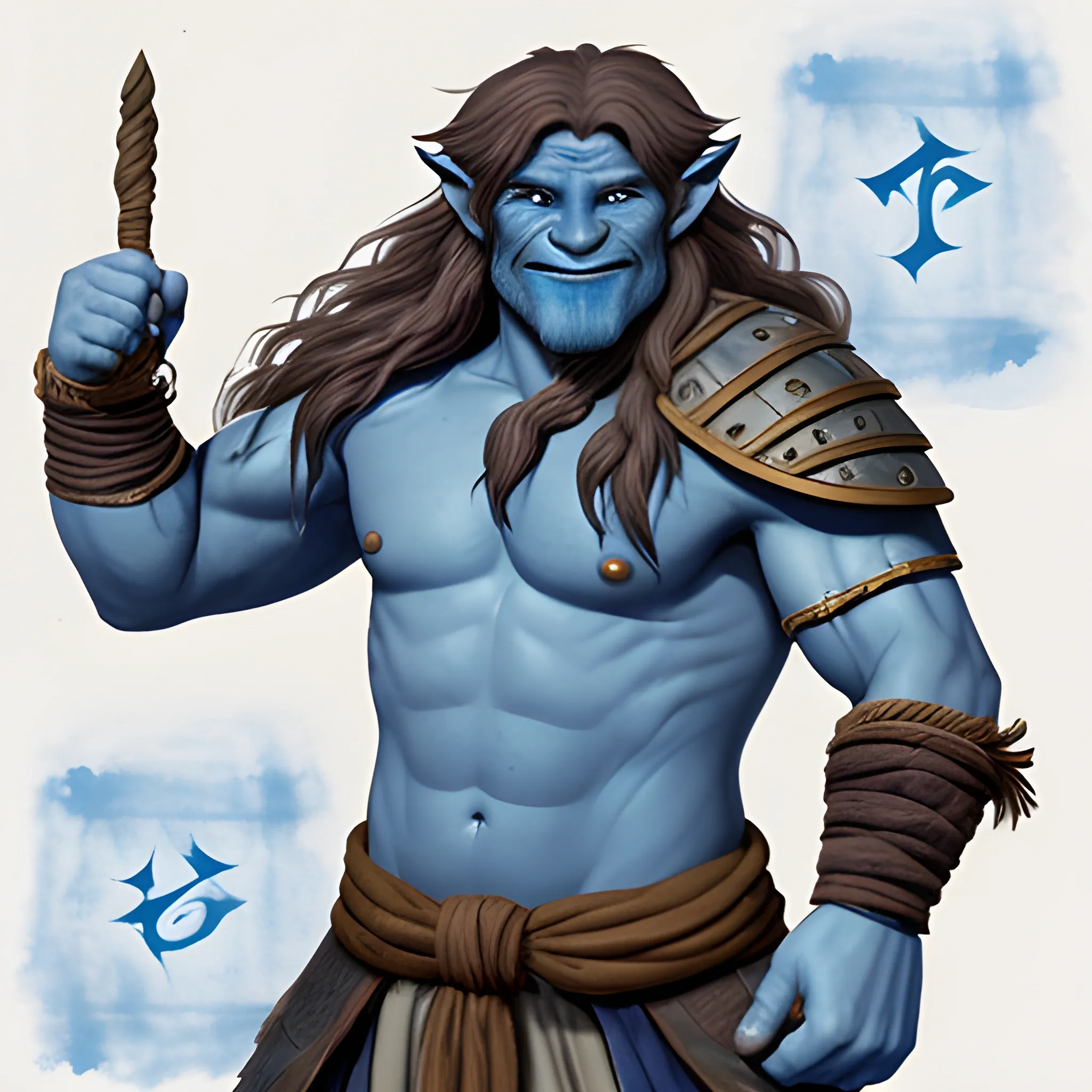 D&D firbolg man, friendly face, blue skin, long hair, fighter runic