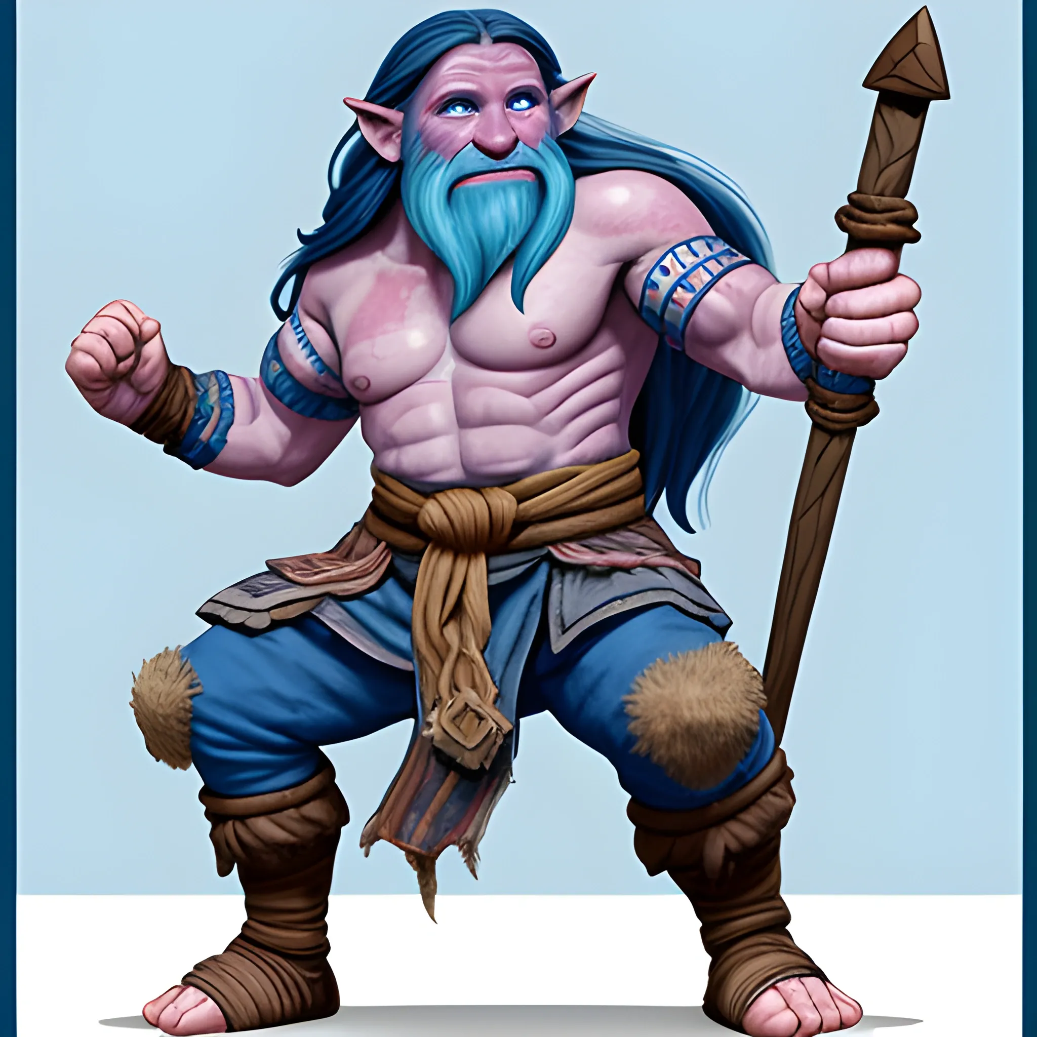 D&D firbolg man, friendly face, blue and pink skin, long hair, fighter runic, half giant, big nose